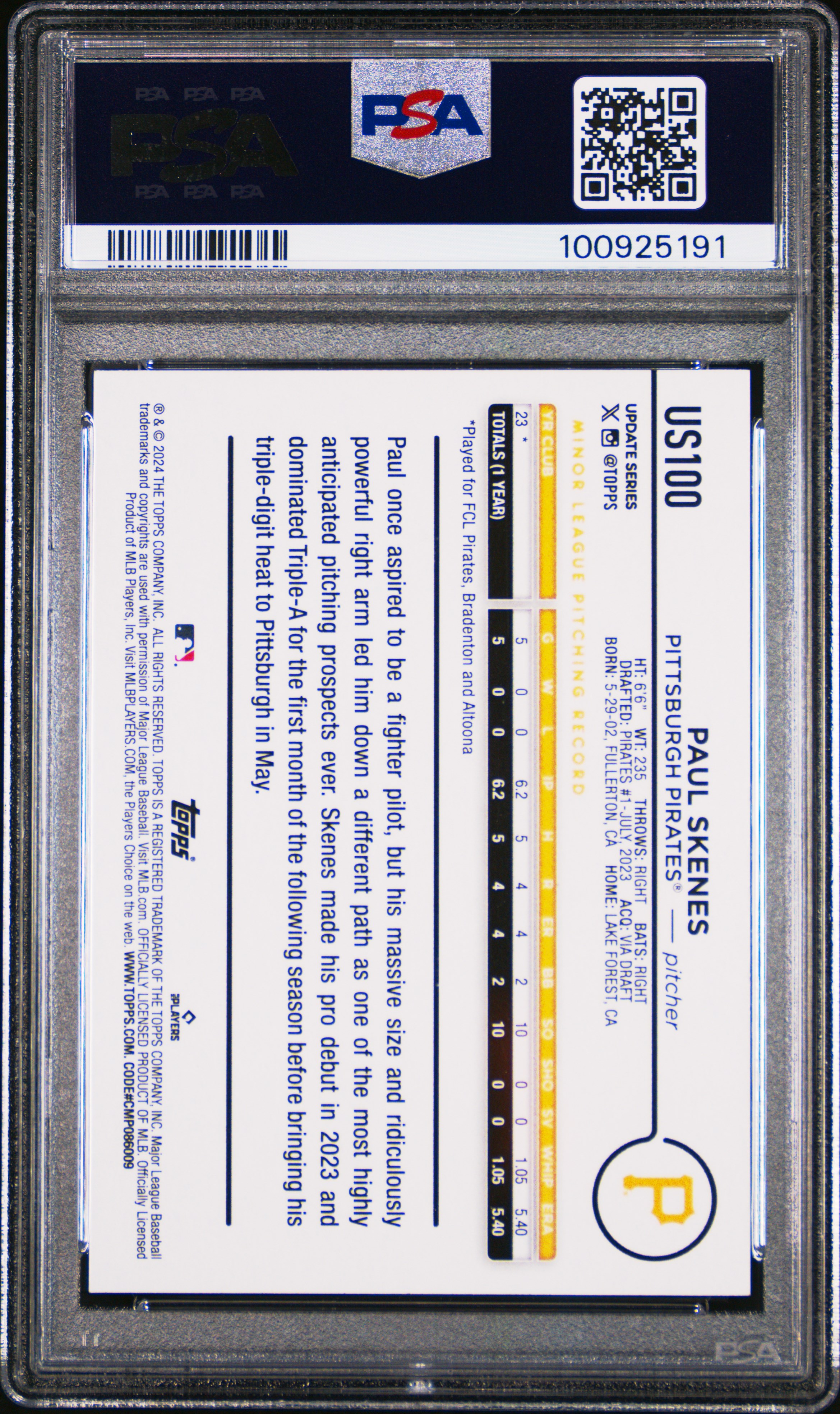 2024 Topps Update Paul Skenes #Us100 (Gold Rainbow Foil) Mint 9 back