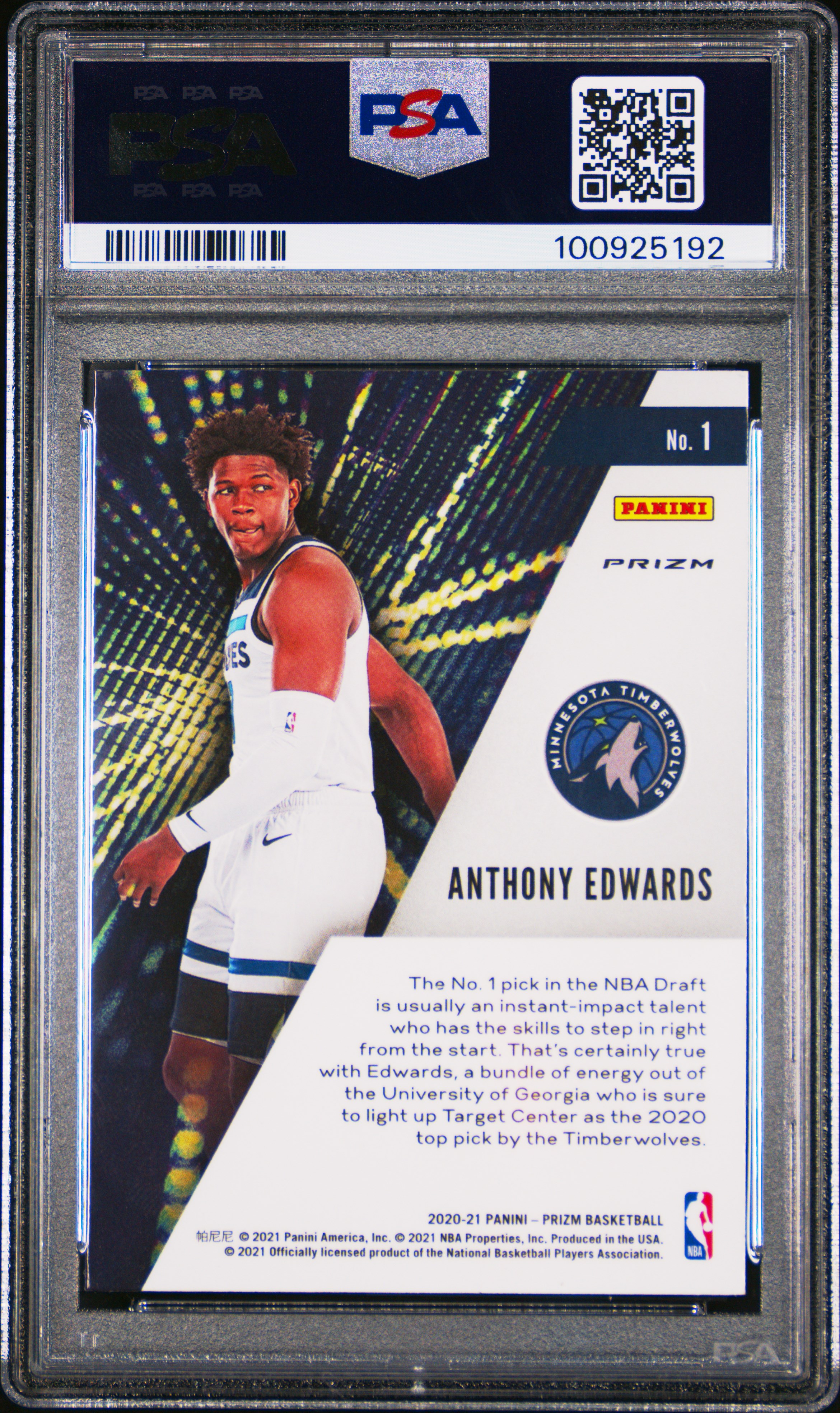2020 Panini Prizm Instant Impact Anthony Edwards #1 (Instnt.impact-Silver Prizm) Gem Mt 10 back