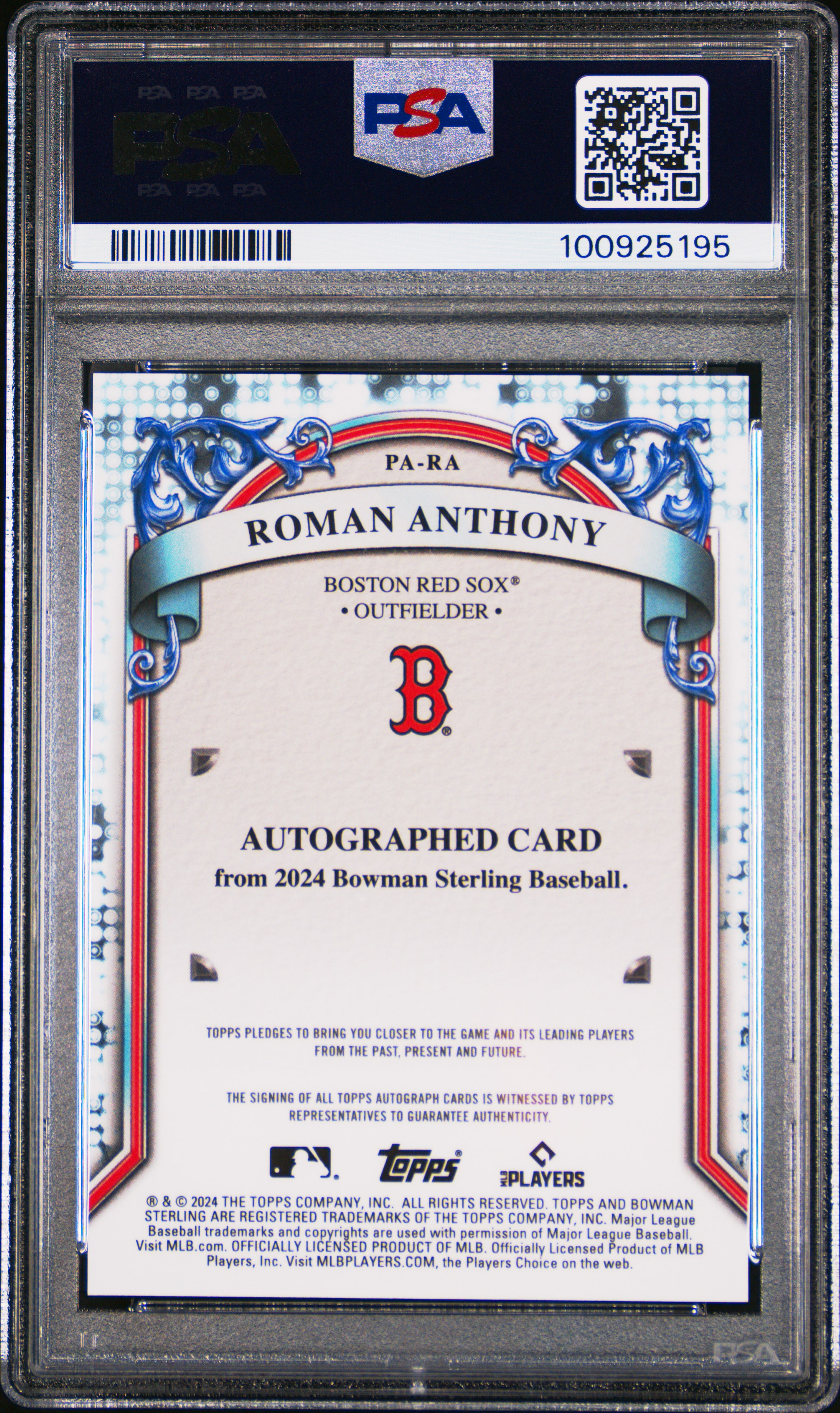 2024 Bowman Sterling Prospect Autographs Roman Anthony #Para (Prospect Auto-Orange Ref) Gem Mt 10 back