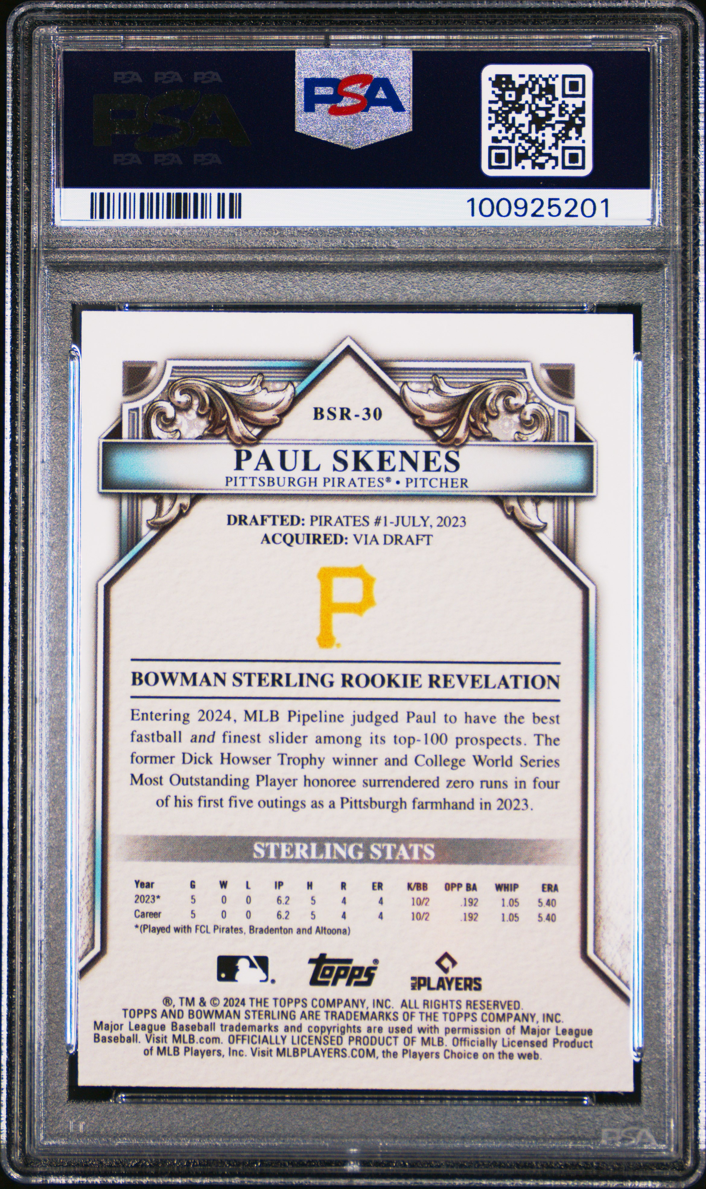 2024 Bowman Sterling Rookies Paul Skenes #Bsr30 (Rookies-Gold Refractor) Gem Mt 10 back