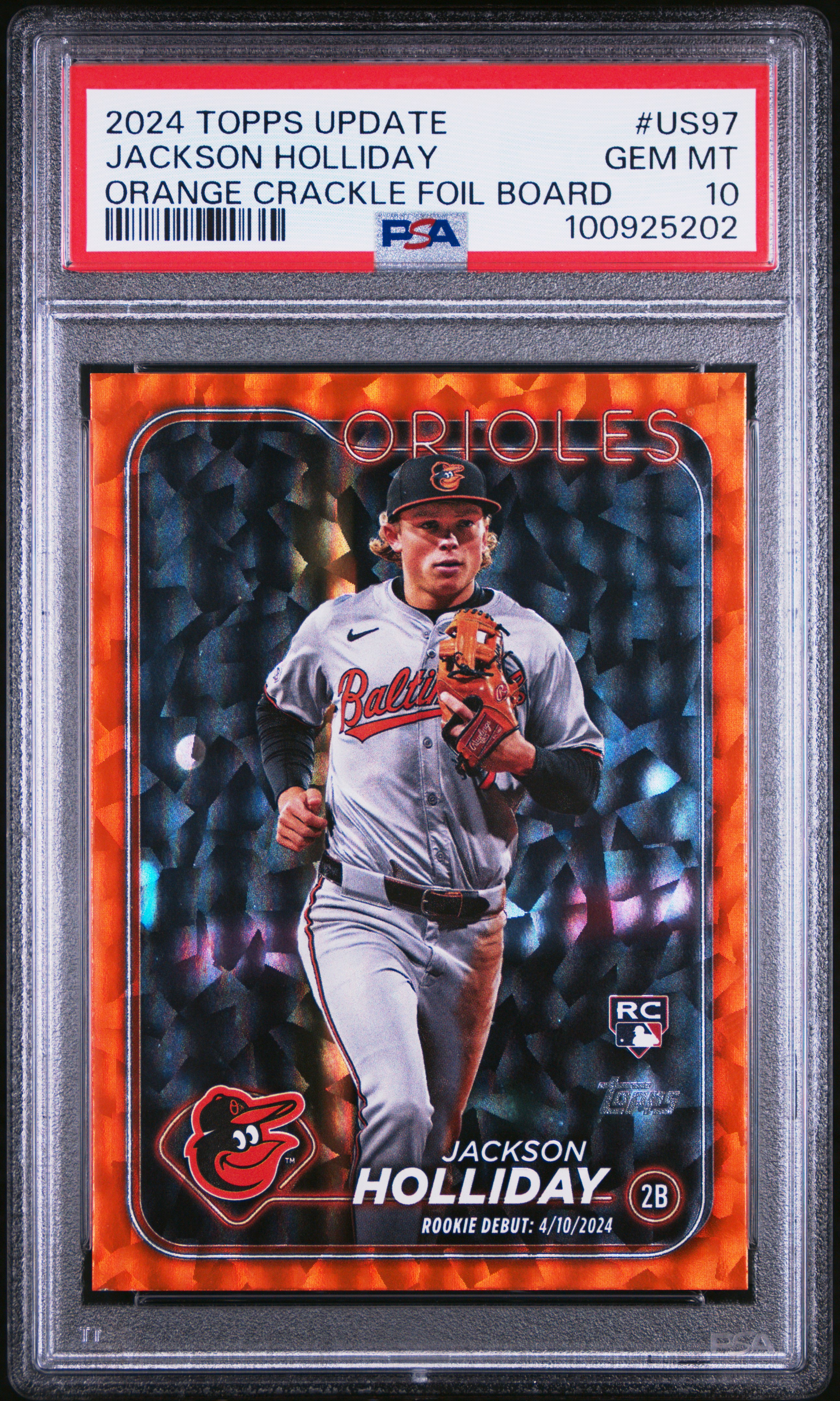 2024 Topps Update Jackson Holliday #Us97 (Orange Crackle Foil Board) Gem Mt 10 front
