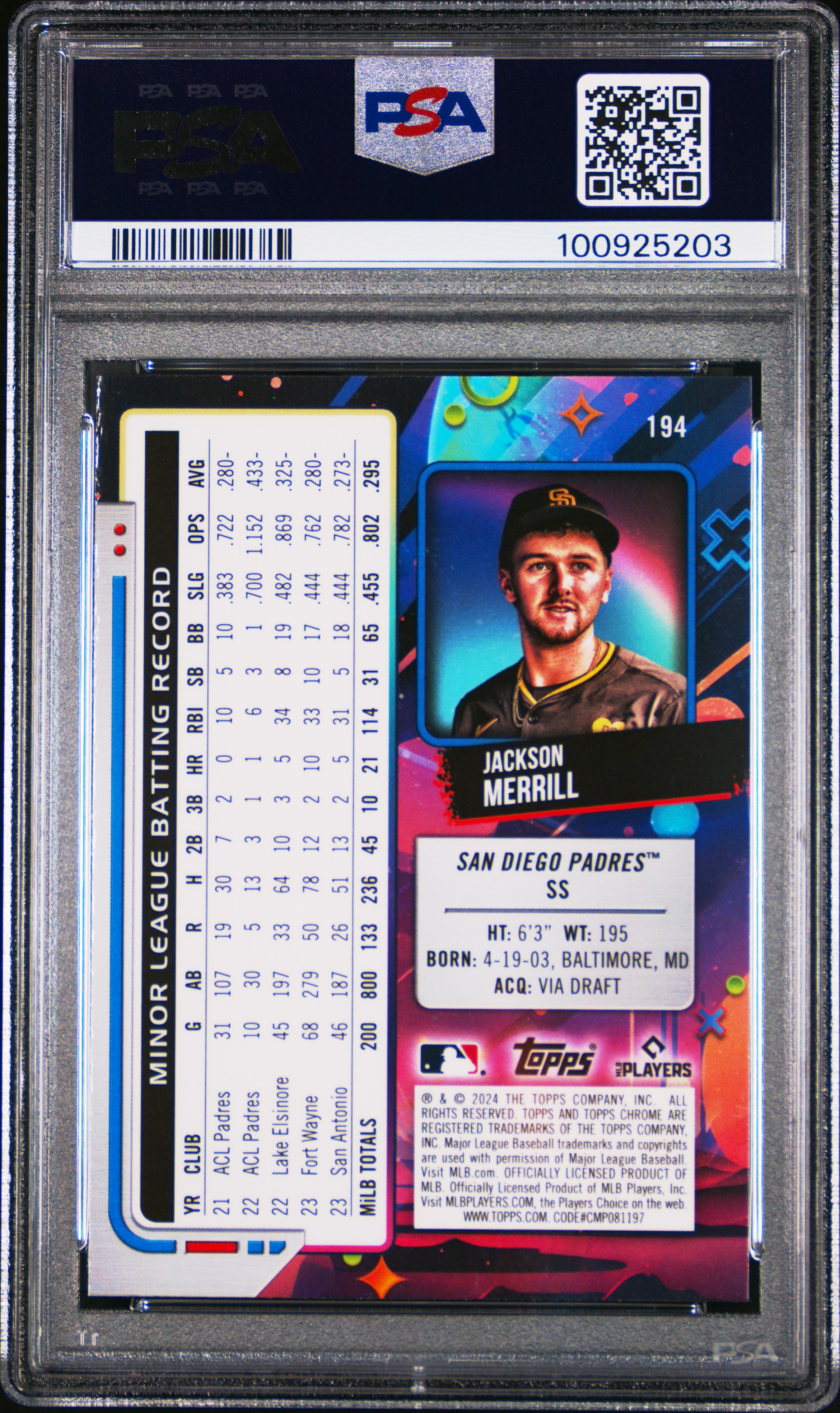 2024 Topps Chrome Cosmic Jackson Merrill #194 (Blue Moon Refractor) Gem Mt 10 back