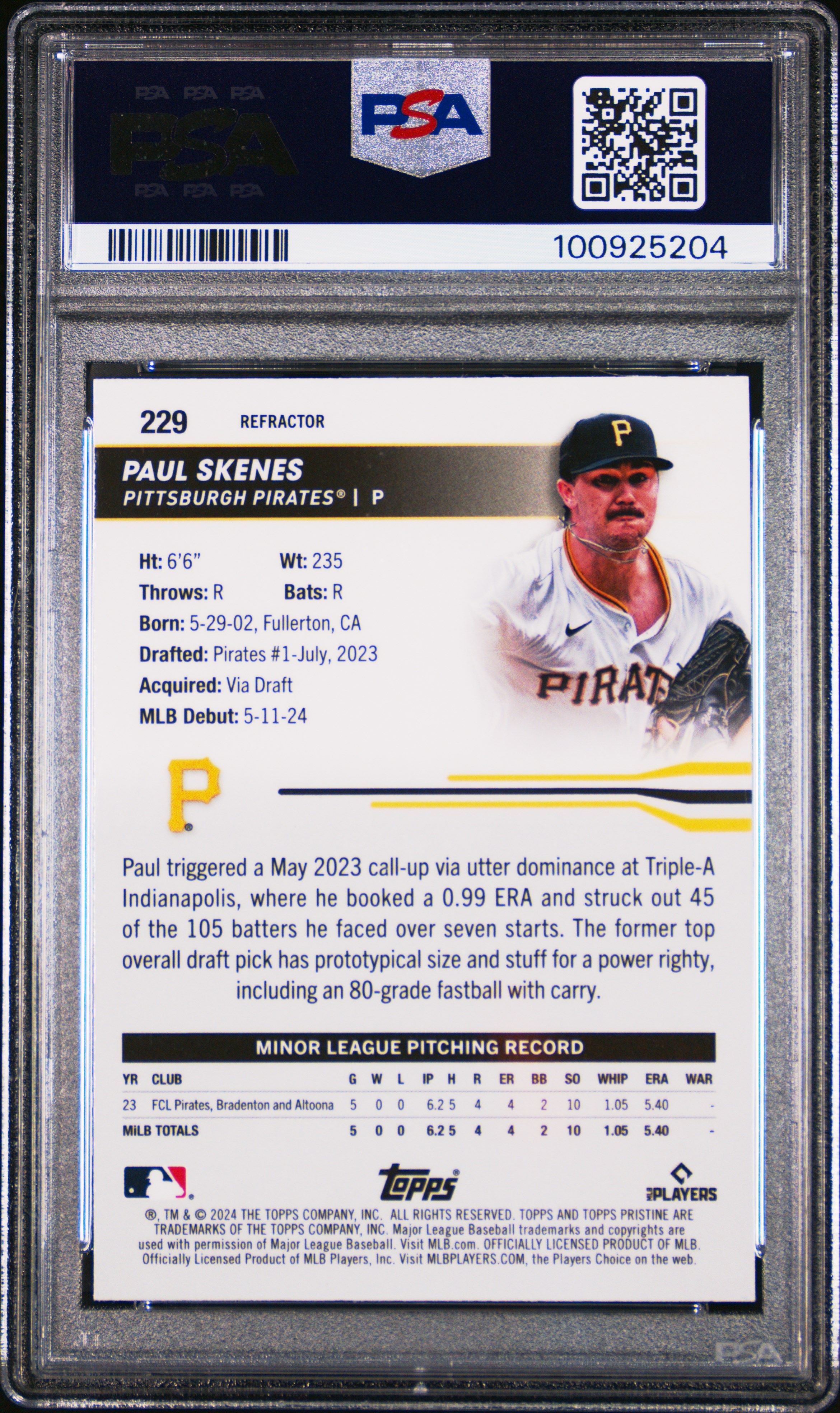 2024 Topps Pristine Paul Skenes #229 (Refractor) Gem Mt 10 back