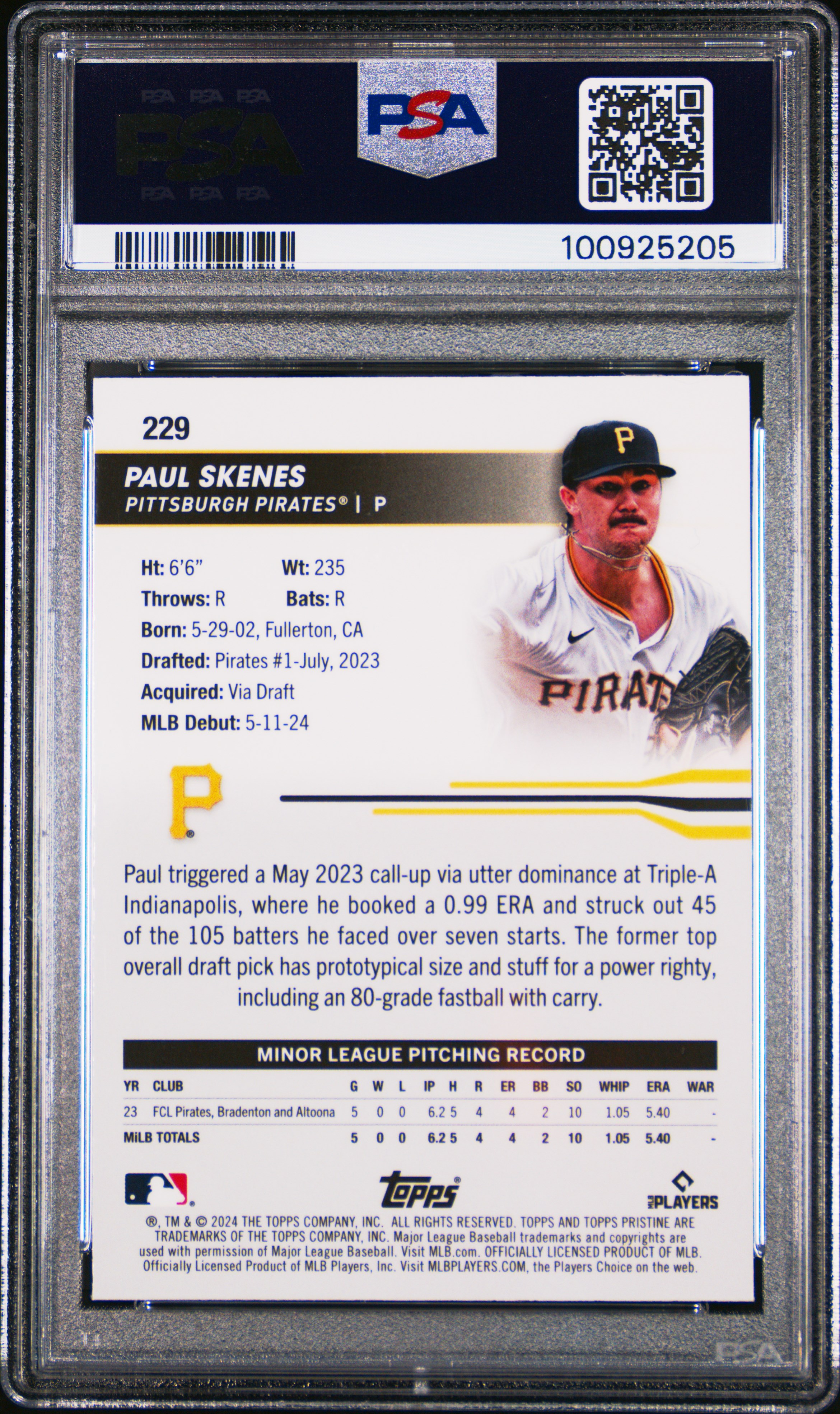 2024 Topps Pristine Paul Skenes #229 Gem Mt 10 back