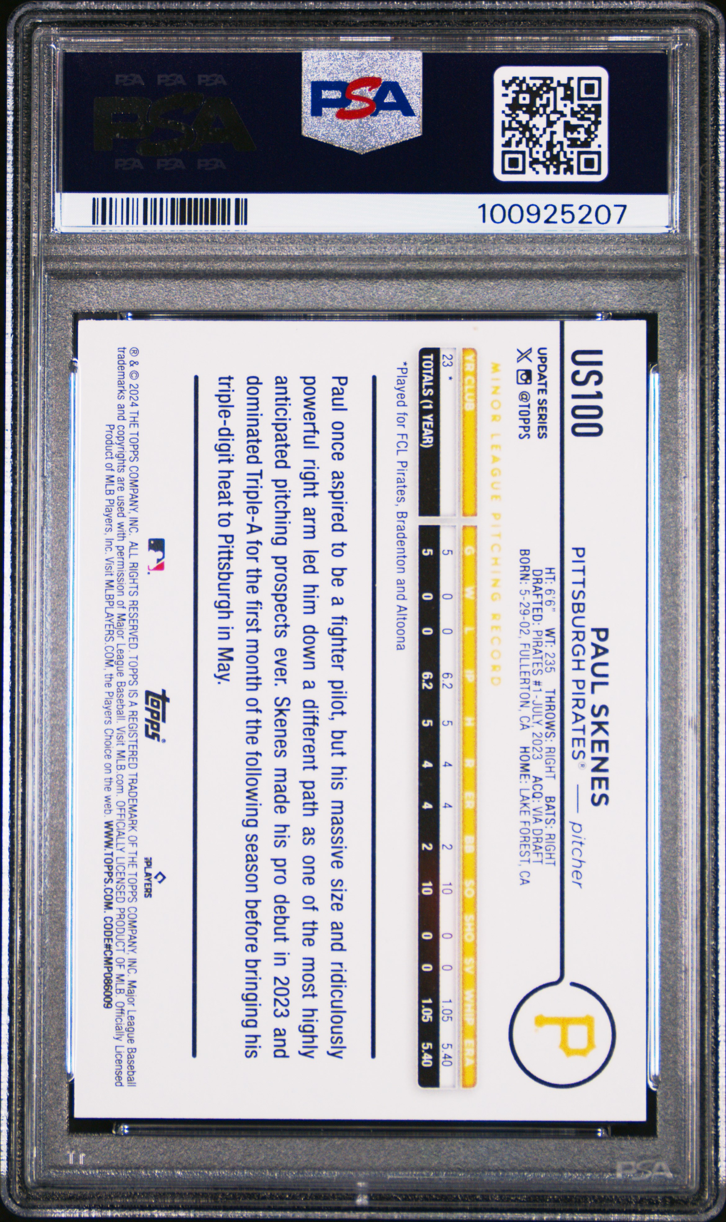 2024 Topps Update Paul Skenes #Us100 Mint 9 back