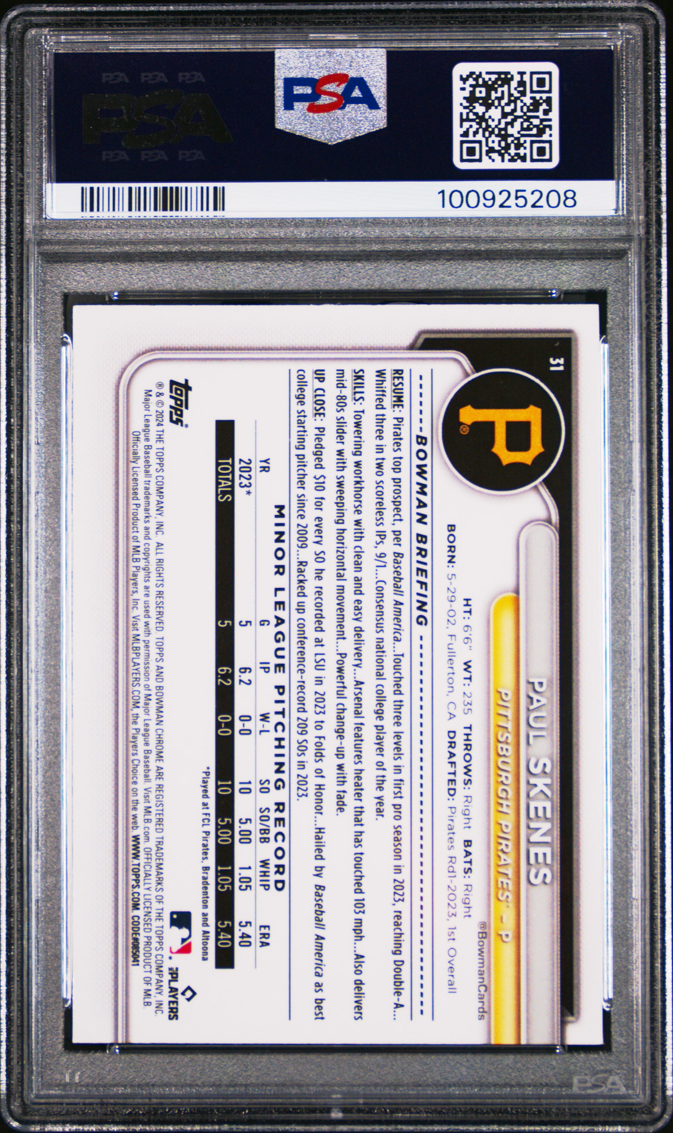 2024 Bowman Chrome Paul Skenes #31 Mint 9 back