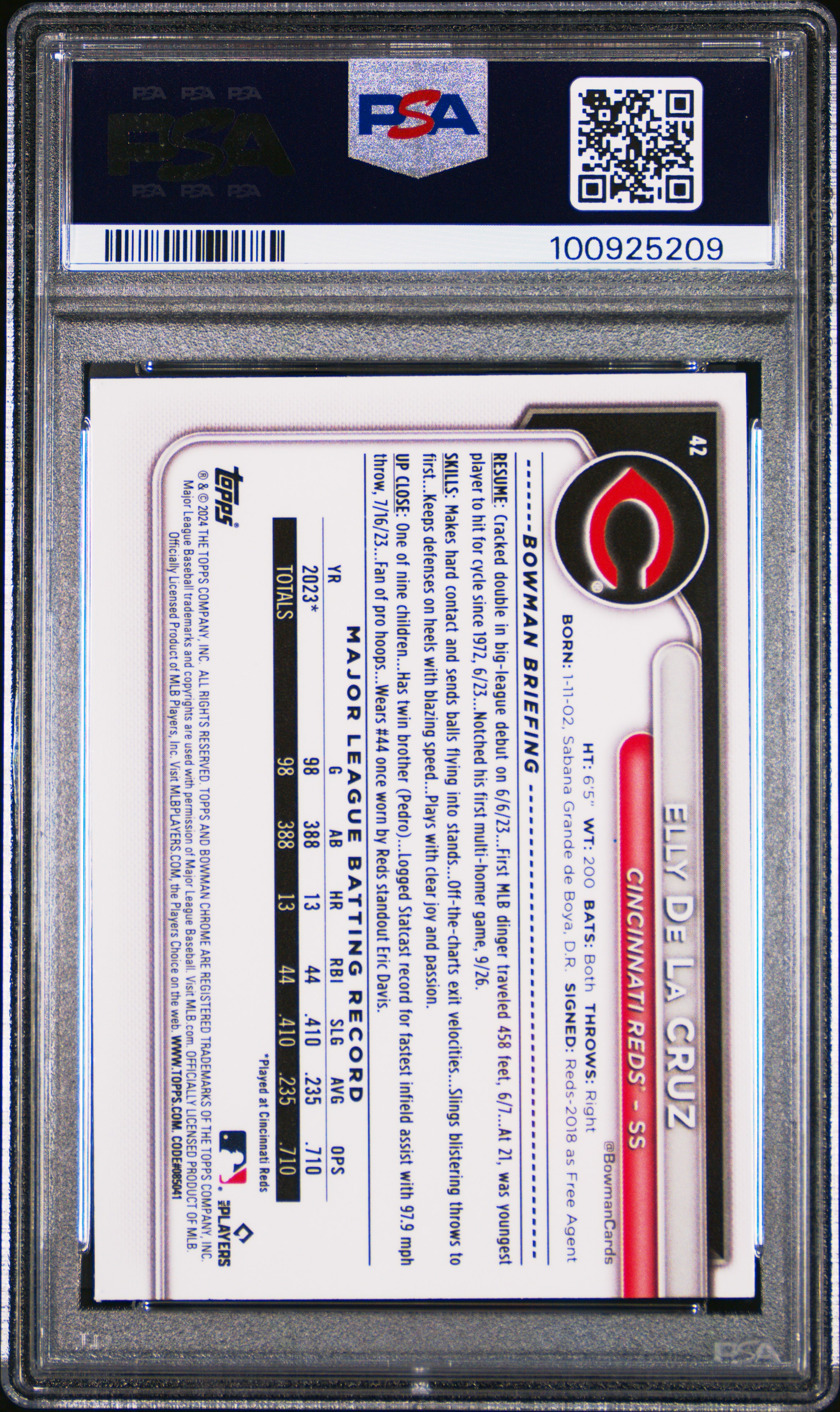 2024 Bowman Chrome Elly De La Cruz #42 Gem Mt 10 back