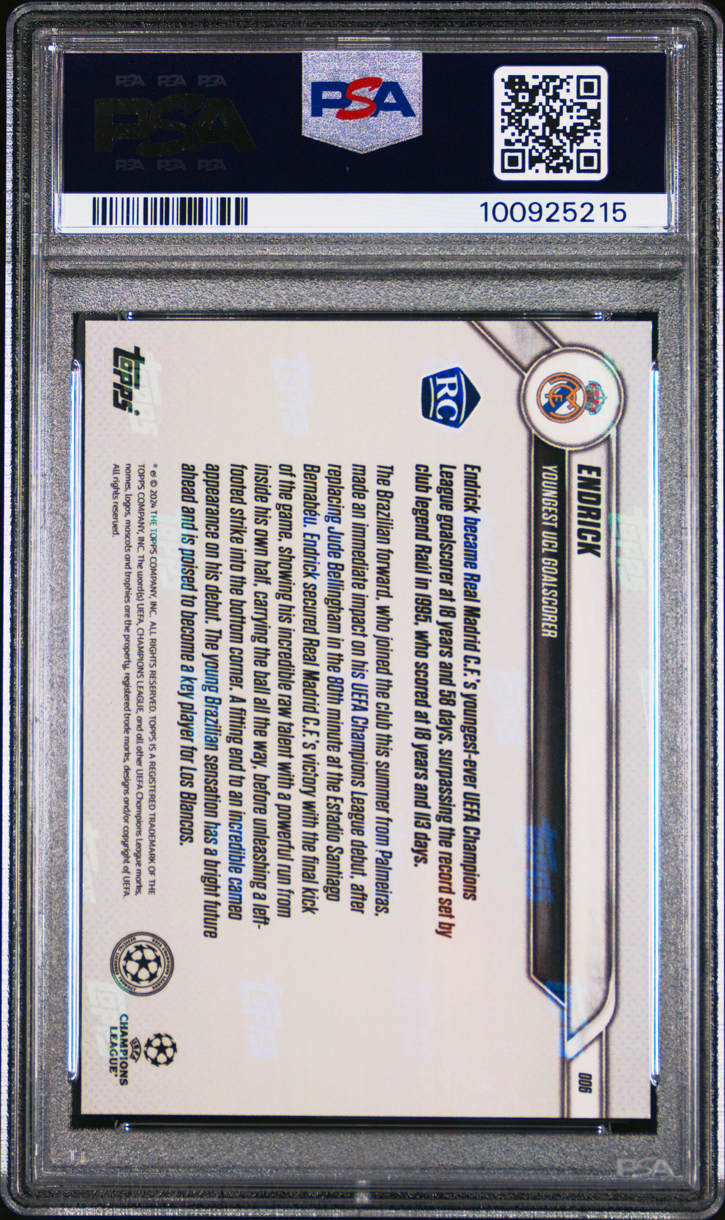 2024-25 Topps Now Uefa Champions League Endrick #6 Gem Mt 10 back