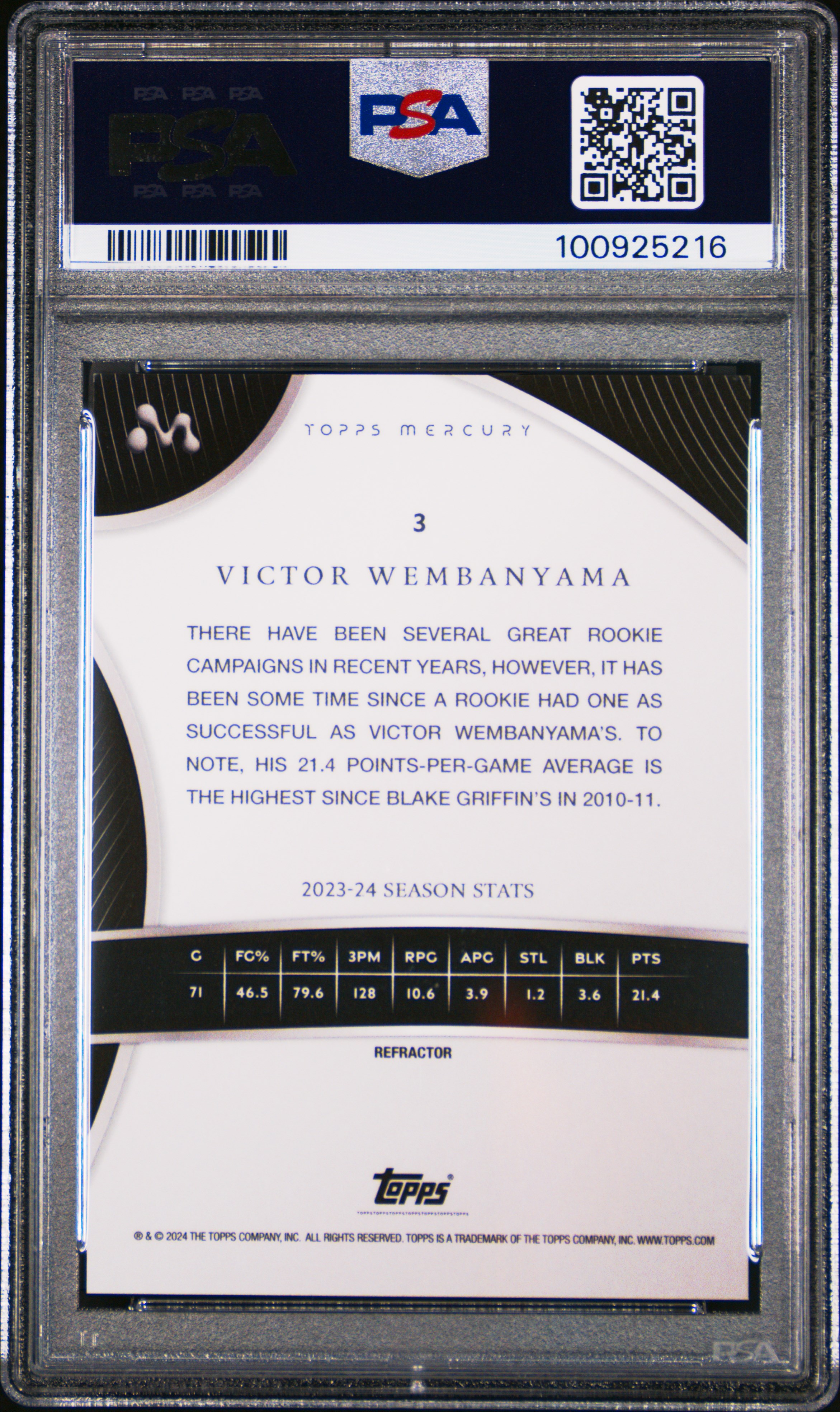 2023 Topps Mercury: Victor Wembanyama Victor Wembanyama #3 (Refractor) Mint 9 back