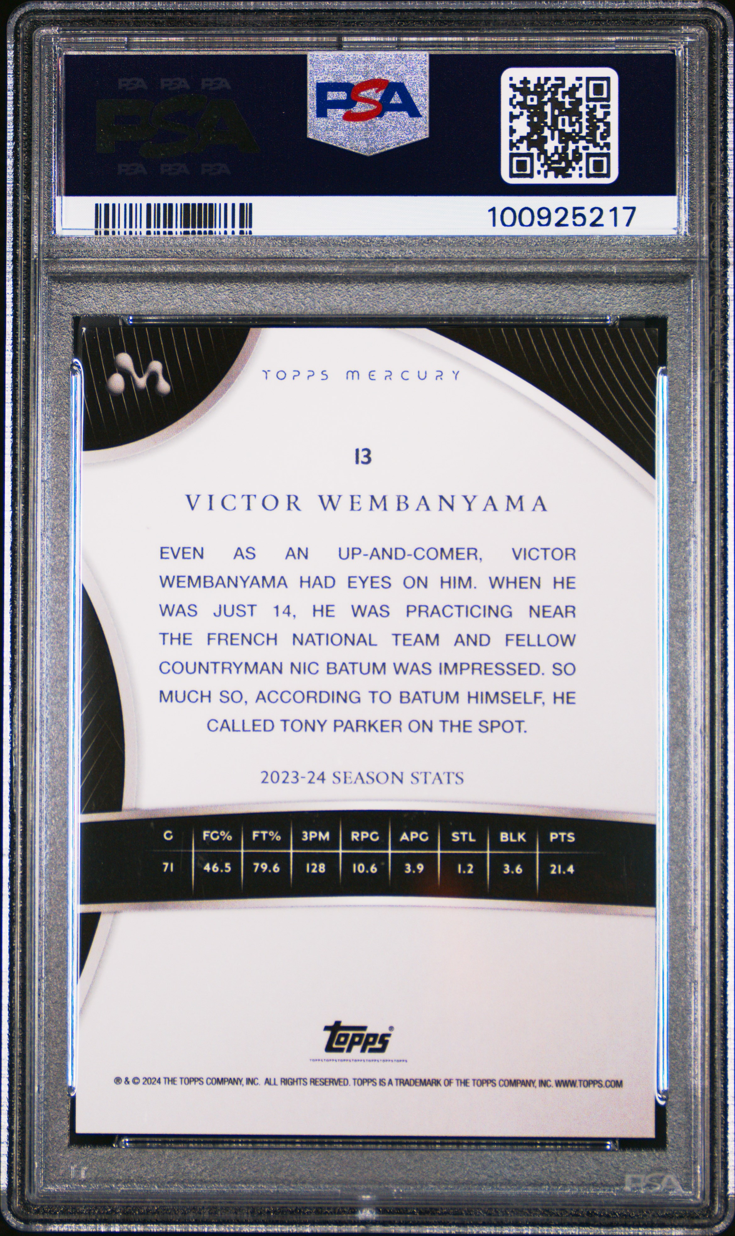 2023 Topps Mercury: Victor Wembanyama Victor Wembanyama #13 (Gold Refractor) Gem Mt 10 back