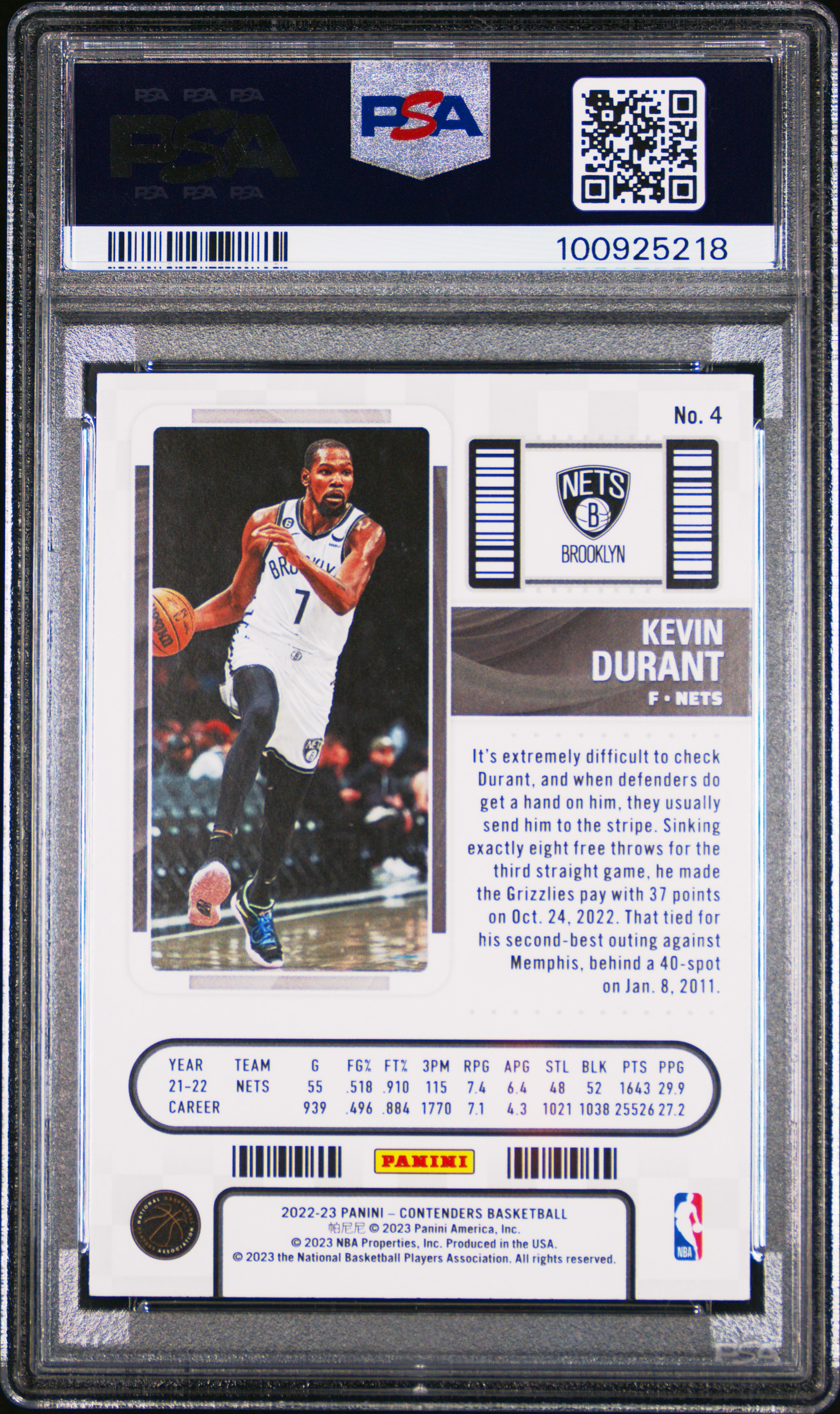 2022 Panini Contenders Kevin Durant #4 Nm-Mt 8 back