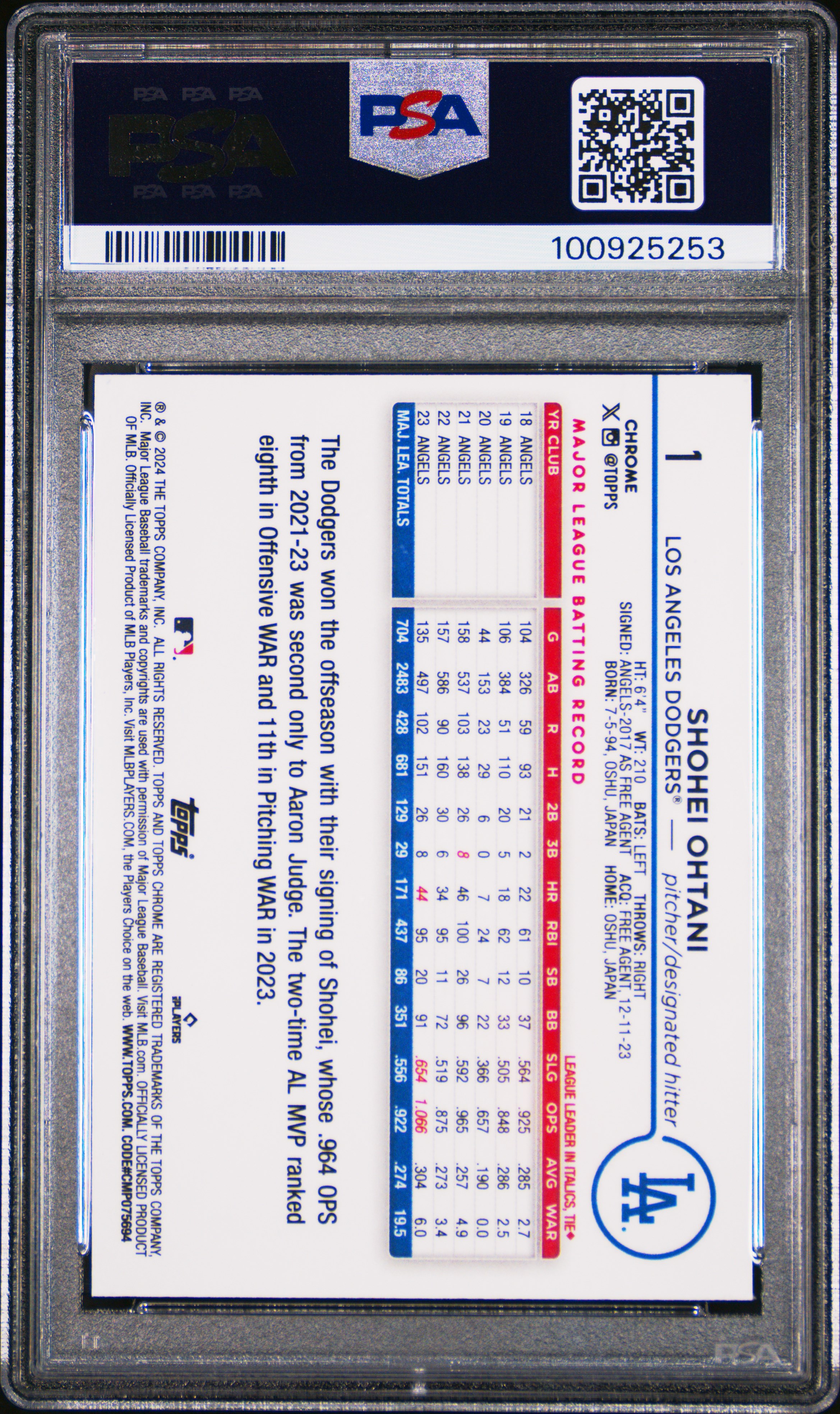 2024 Topps Chrome Shohei Ohtani #1 (Pink Refractor) Mint 9 back