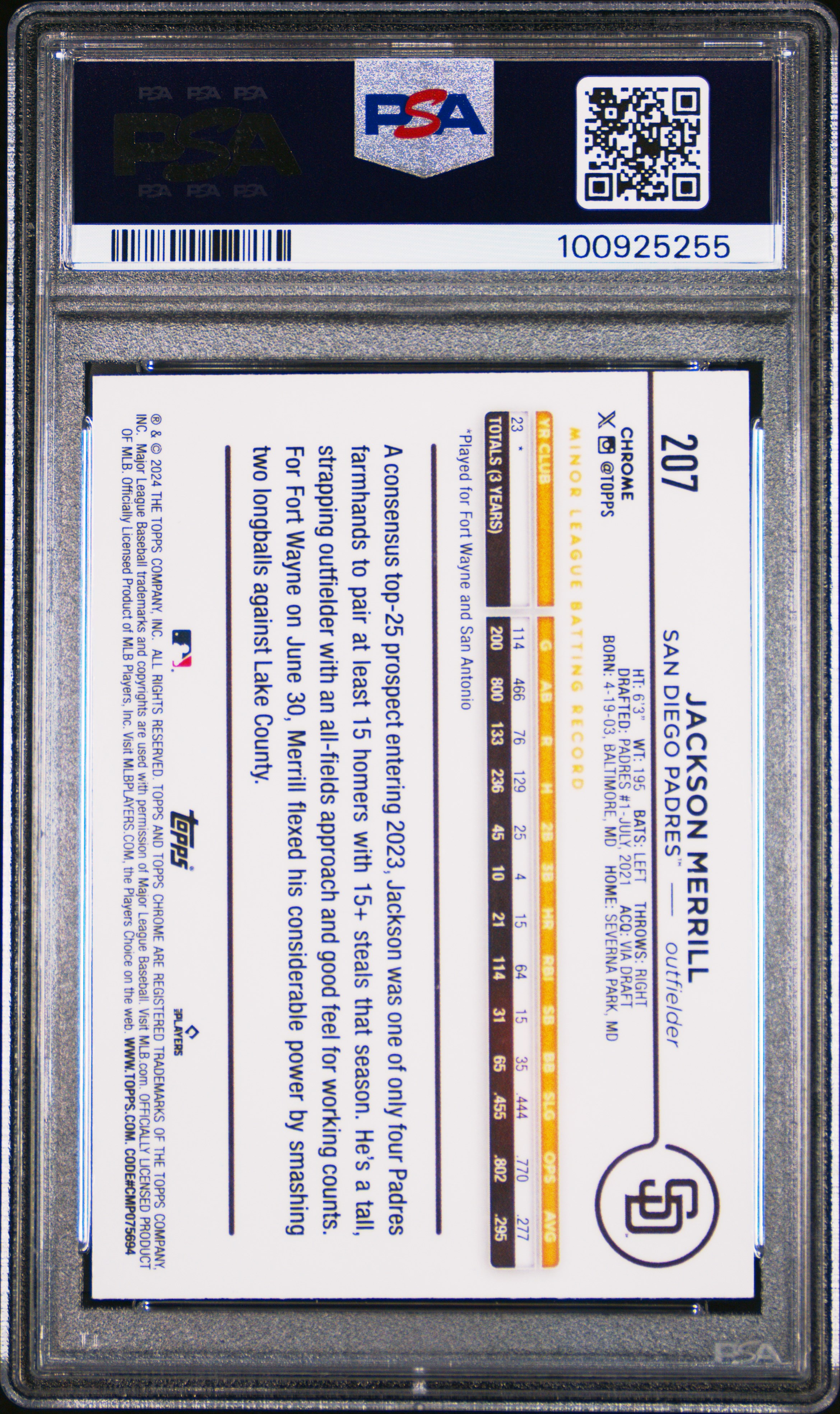 2024 Topps Chrome Jackson Merrill #207 (X-Fractor) Gem Mt 10 back