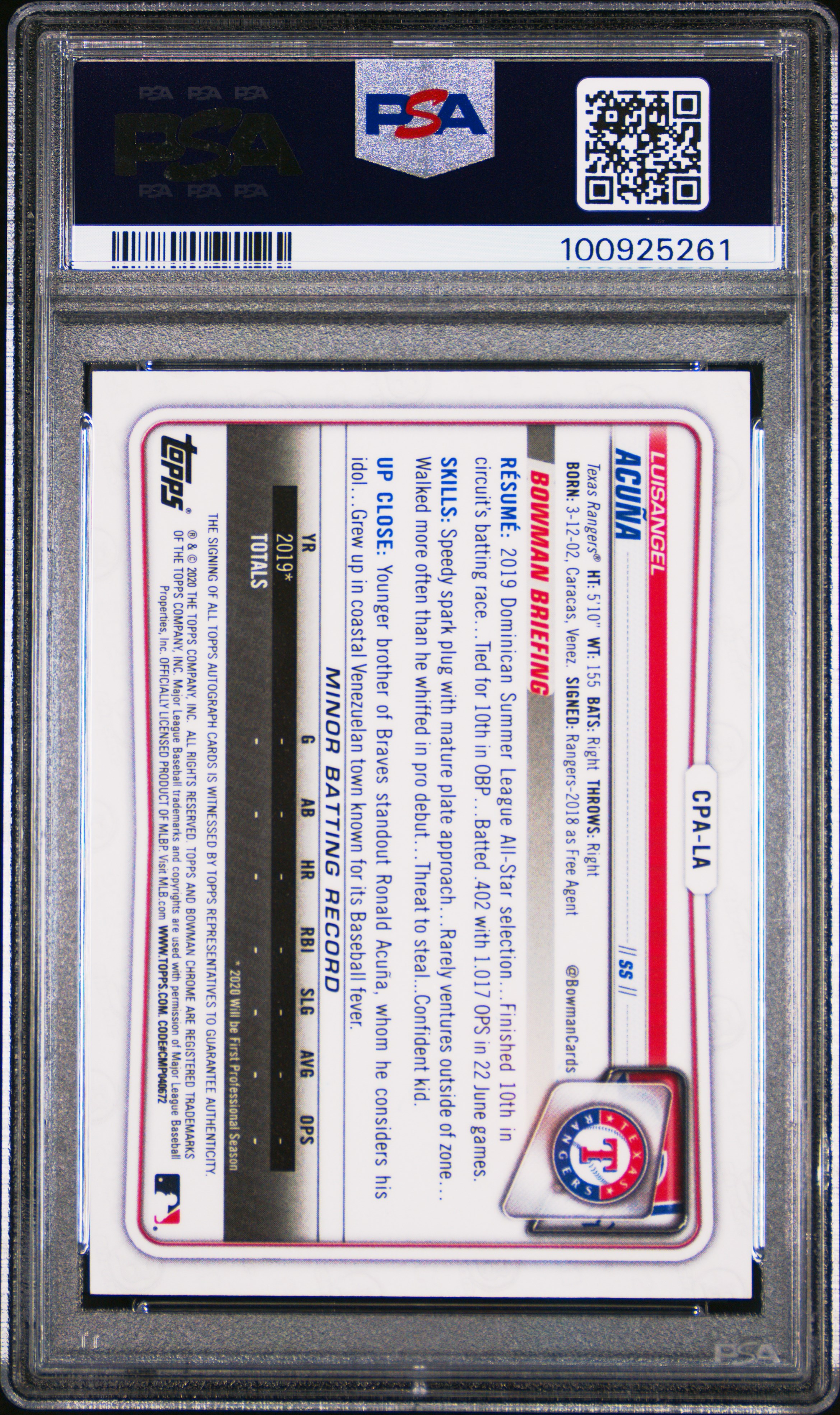 2020 Bowman Chrome Prospect Autographs Luisangel Acuna #Cpala (Prospect Autographs) Mint 9 back