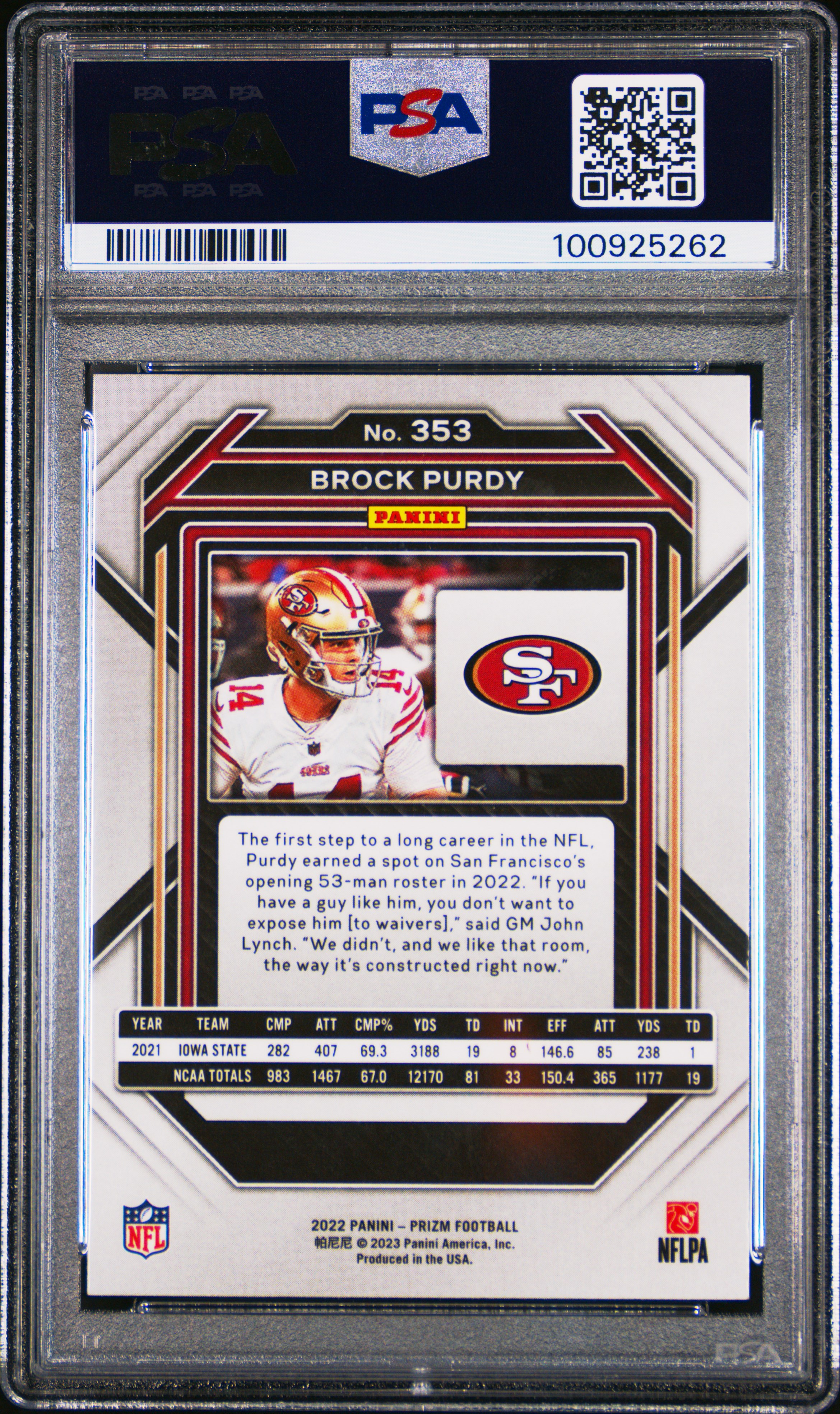 2022 Panini Prizm Brock Purdy #353 Gem Mt 10 back
