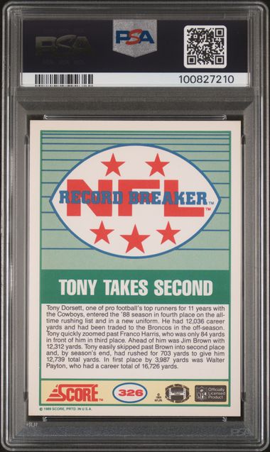 1989 Score Tony Dorsett #326 Nm-Mt 8 back