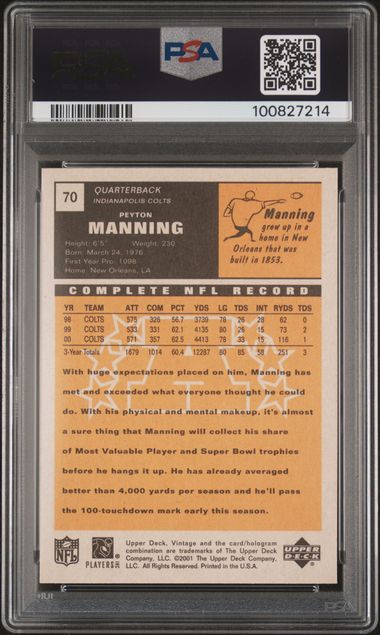 2001 Upper Deck Vintage Peyton Manning #70 Mint 9 back