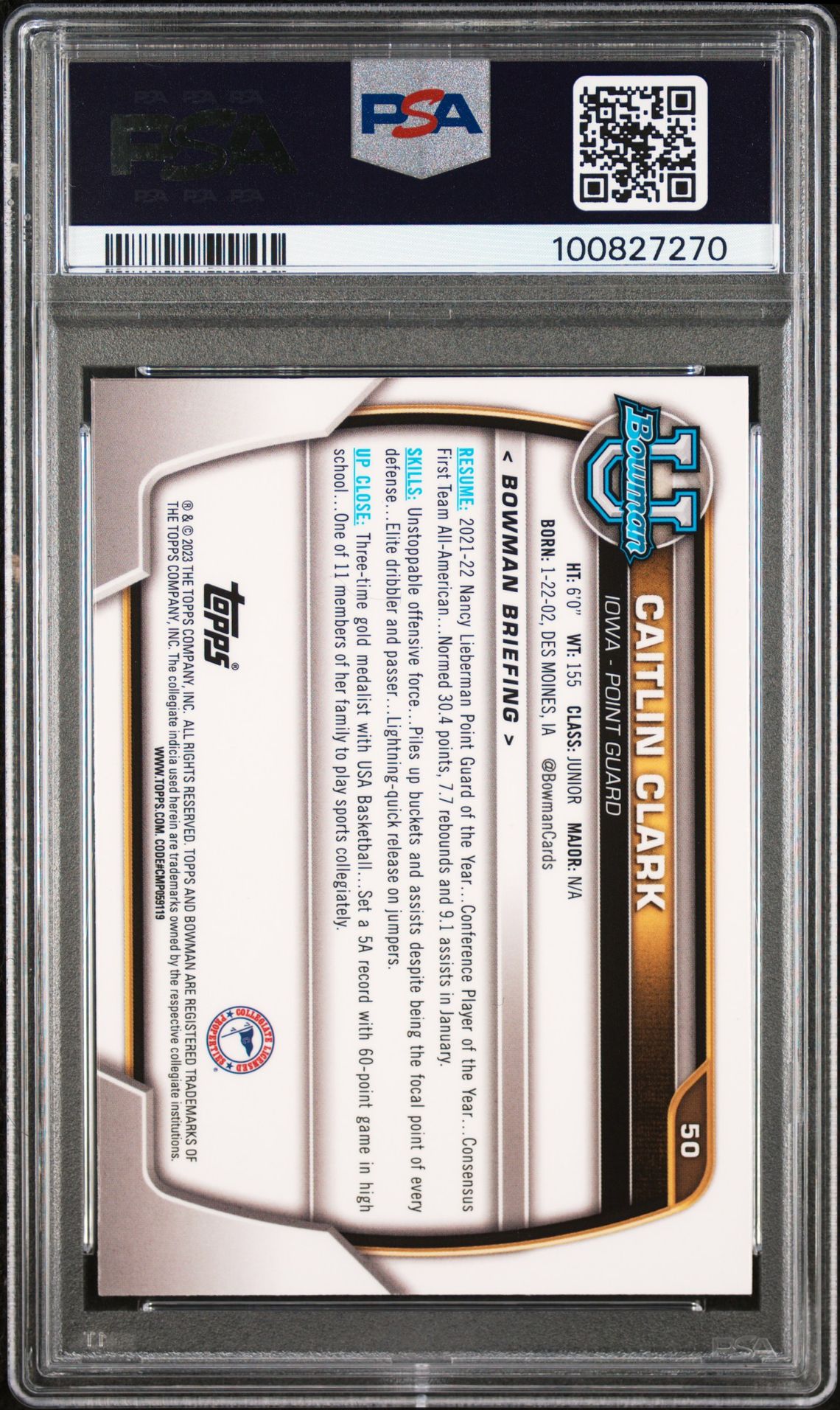 2022 Bowman Chrome University Caitlin Clark #50 (Pink Refractor) Mint 9 back