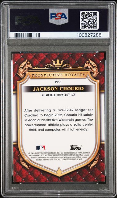 2022 Bowman's Best Prospective Royalty Jackson Chourio #Pr3 (Prospective Royalty) Mint 9 back