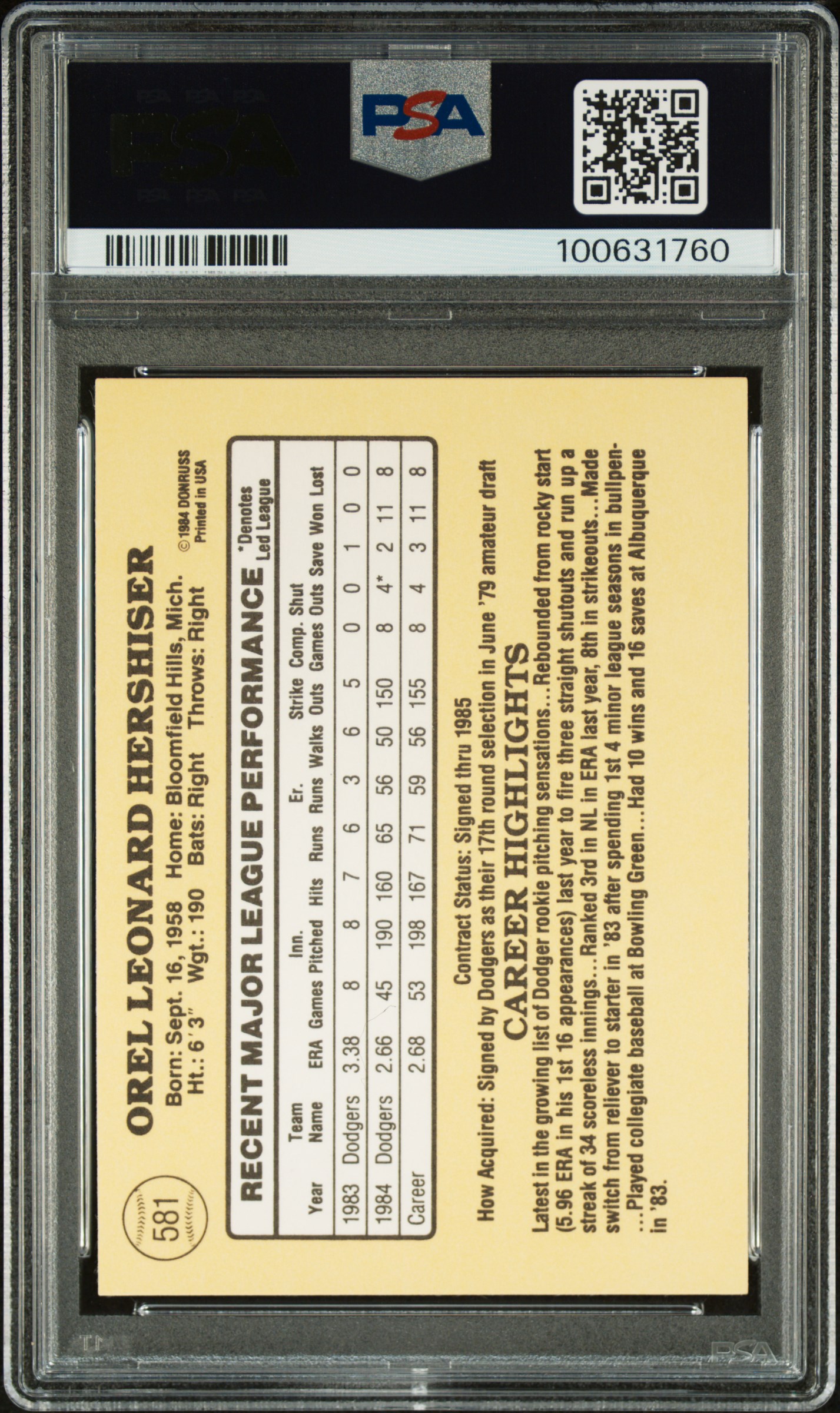 1985 Donruss Orel Hershiser #581 Nm-Mt 8 back