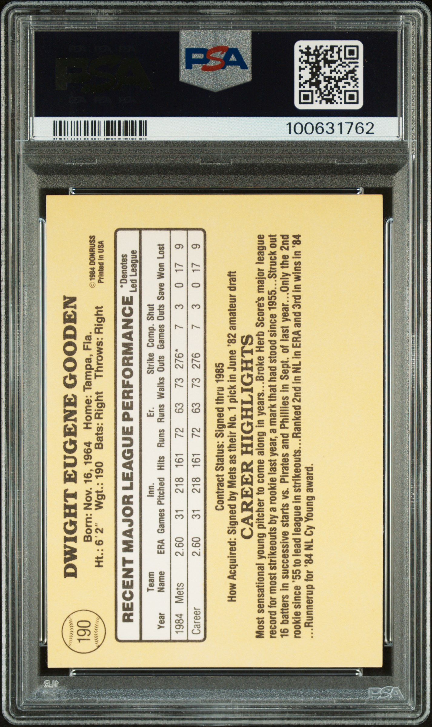1985 Donruss Dwight Gooden #190 Nm 7 back