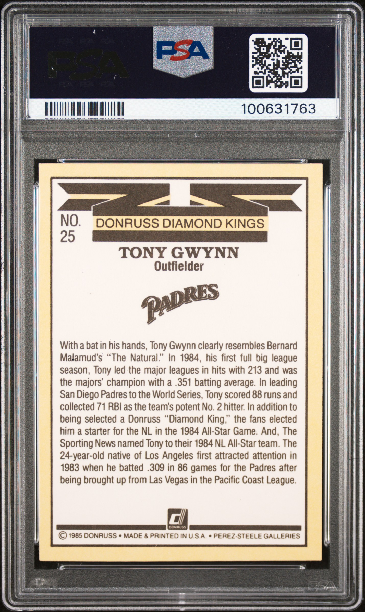 1985 Donruss Tony Gwynn #25 (Diamond Kings) Nm-Mt 8 back