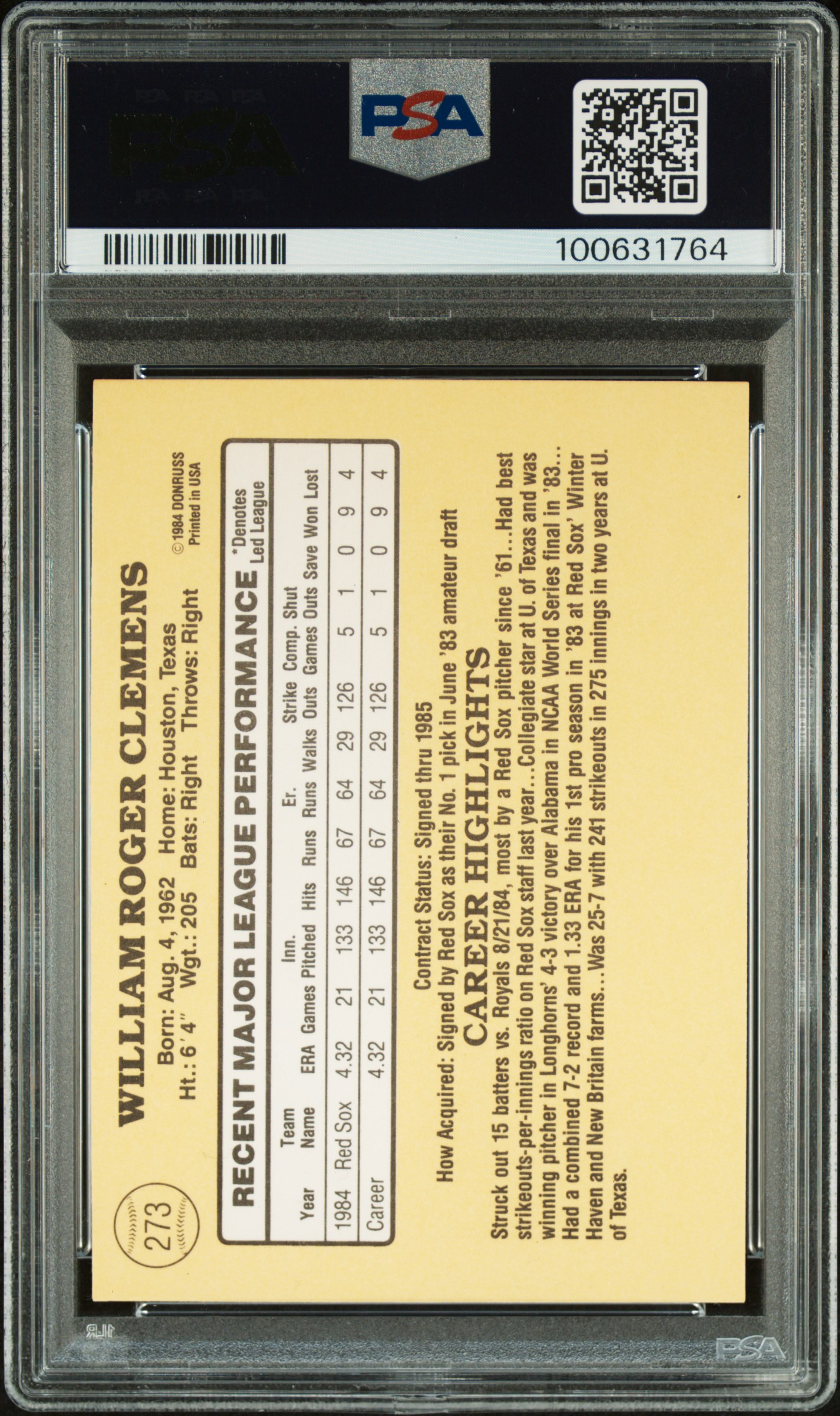 1985 Donruss Roger Clemens #273 Nm-Mt 8 back