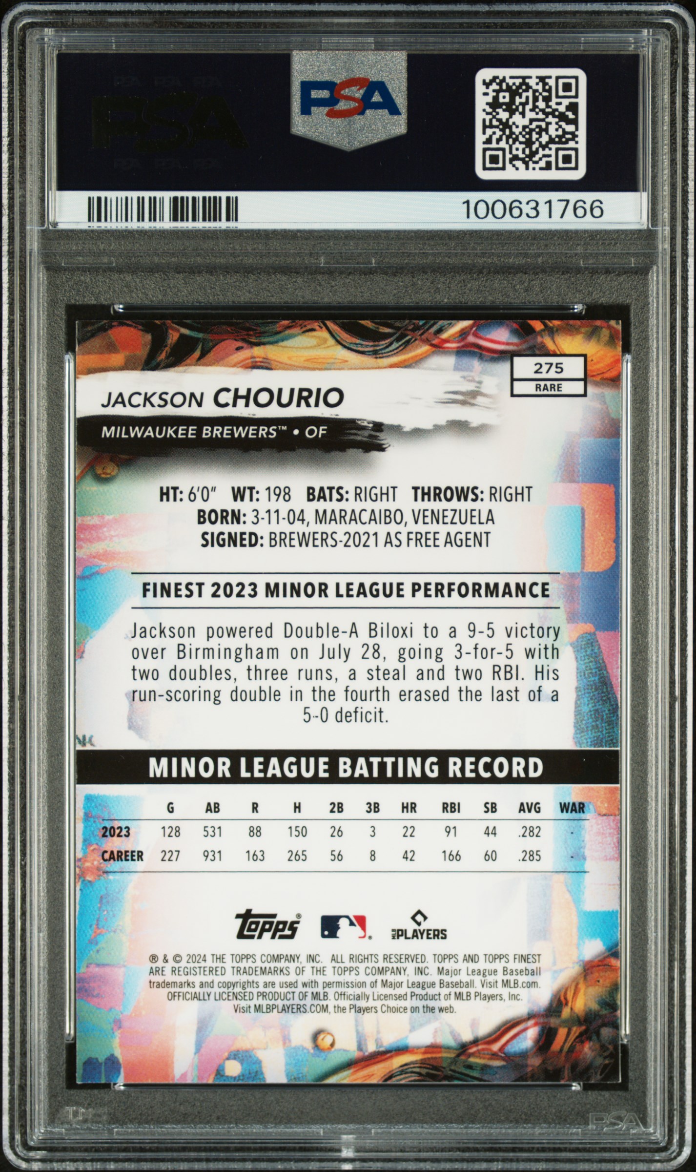 2024 Topps Finest Jackson Chourio #275 (Checkerboard Refractor) Nm-Mt 8 back