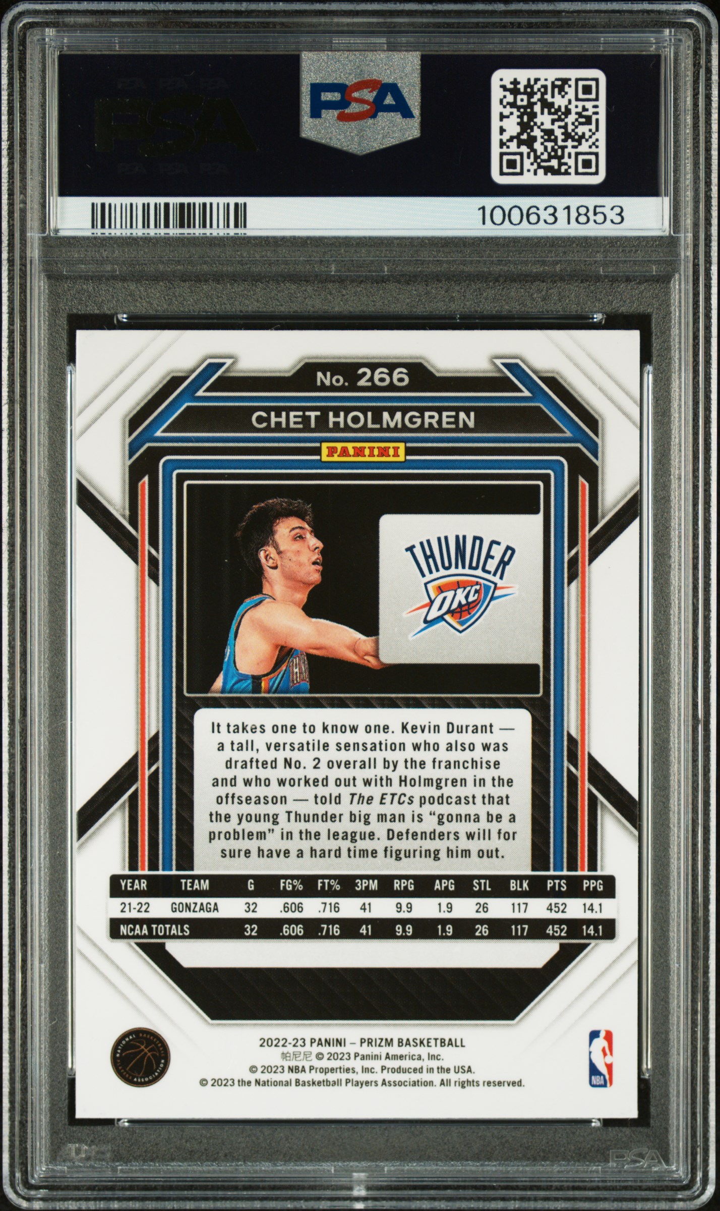 2022 Panini Prizm Chet Holmgren #266 Gem Mt 10 back