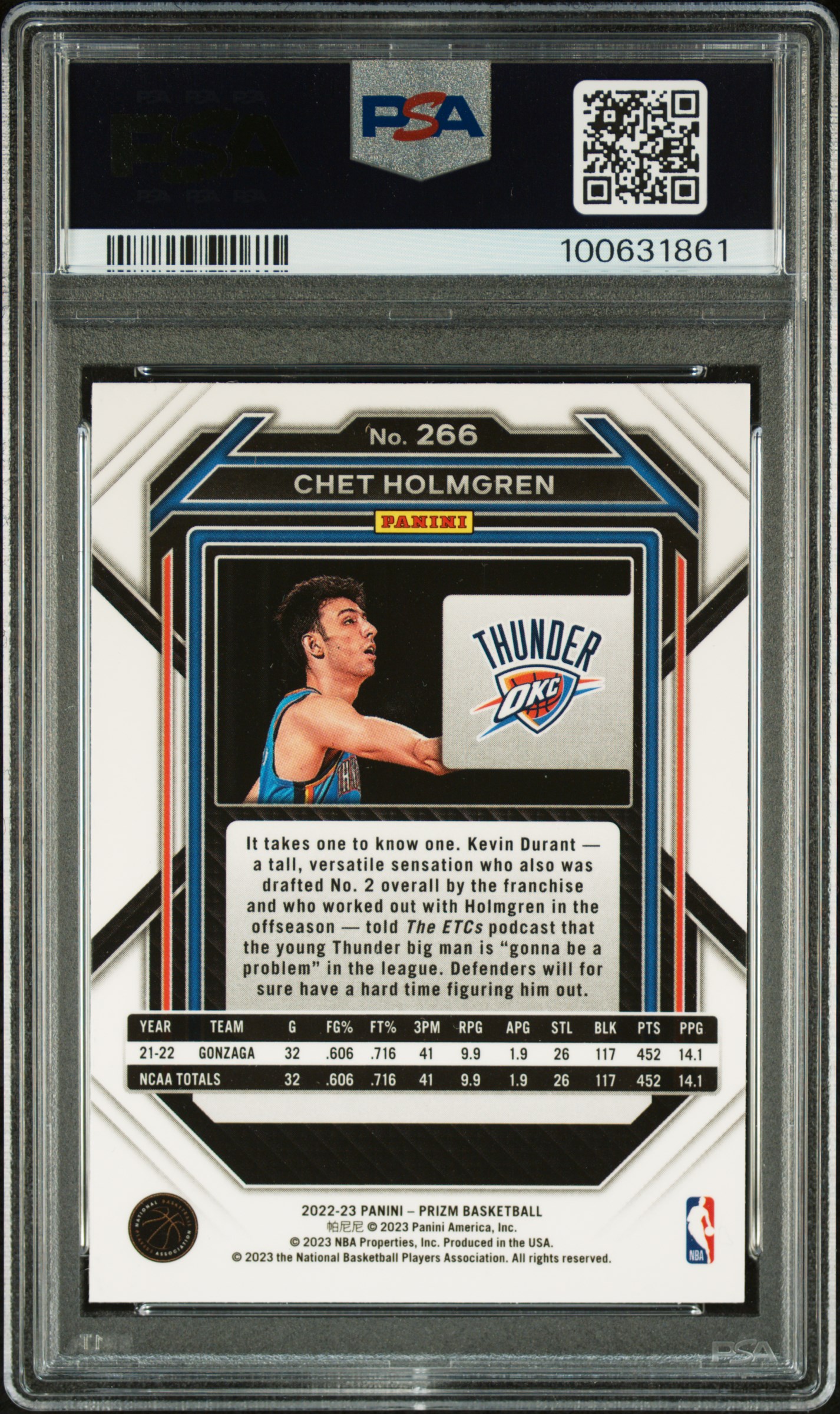 2022 Panini Prizm Chet Holmgren #266 Gem Mt 10 back