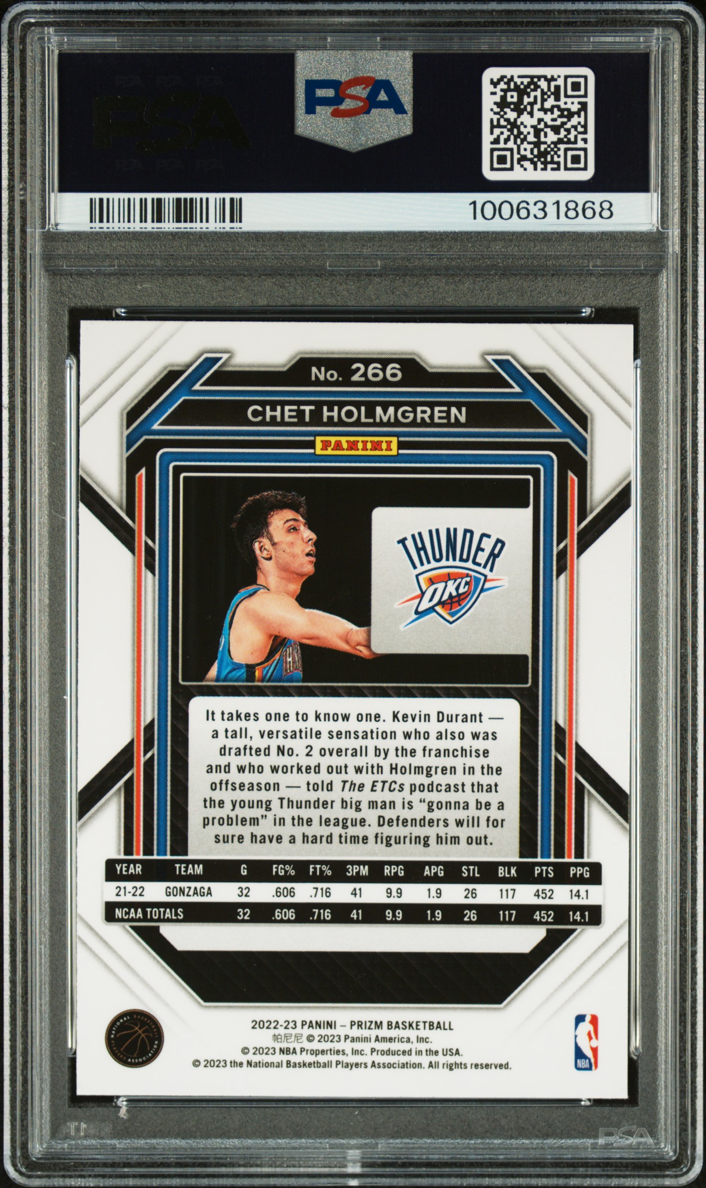 2022 Panini Prizm Chet Holmgren #266 Gem Mt 10 back