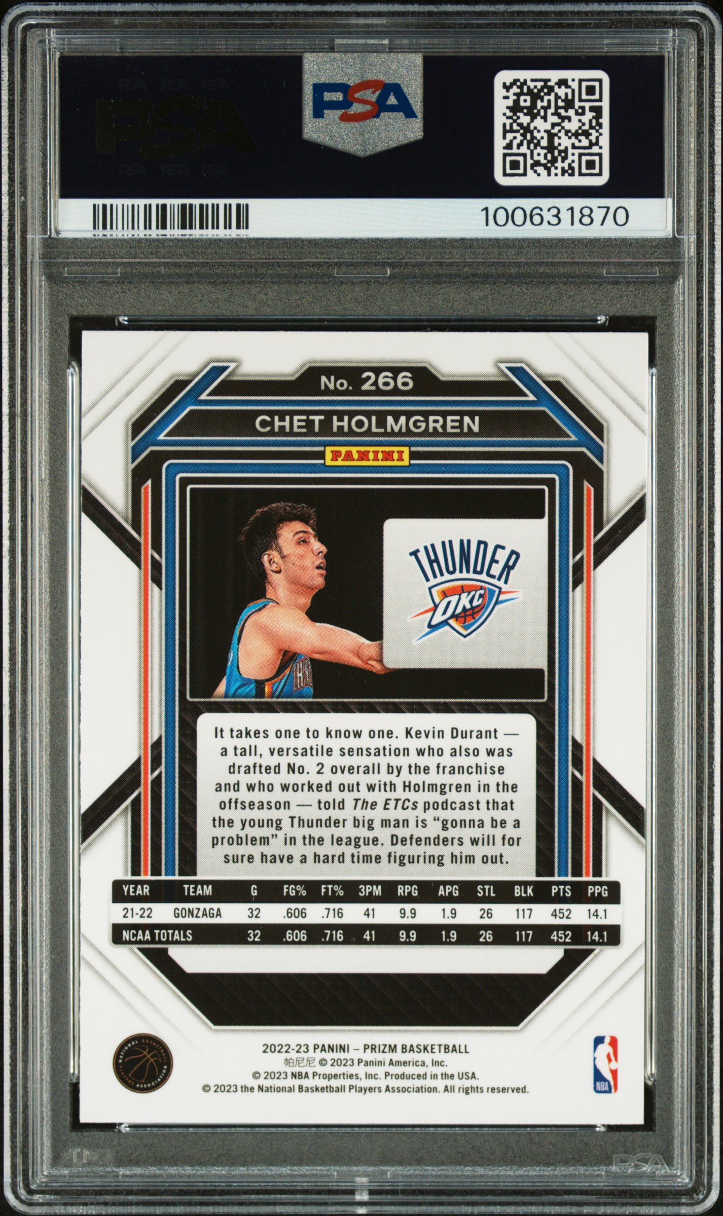 2022 Panini Prizm Chet Holmgren #266 Gem Mt 10 back