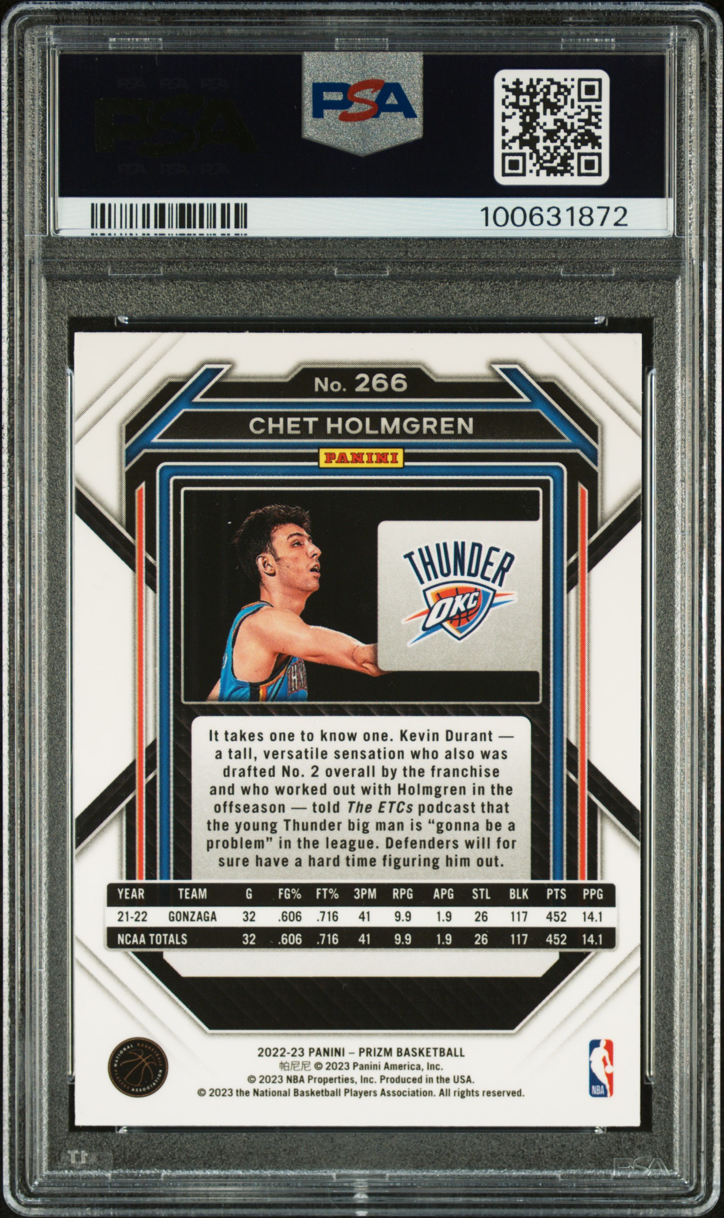 2022 Panini Prizm Chet Holmgren #266 Gem Mt 10 back