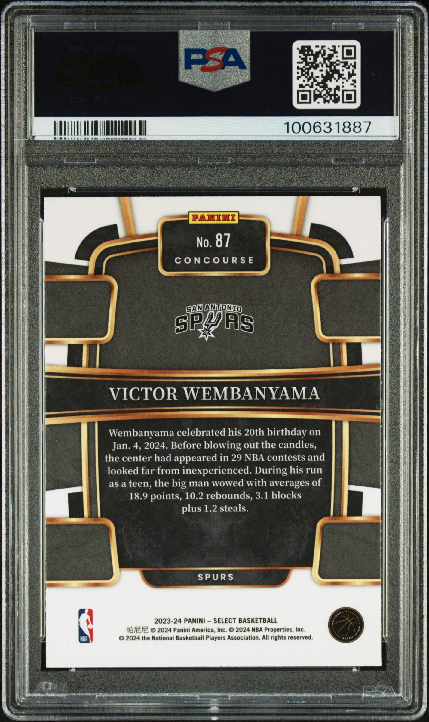 2023 Panini Select Victor Wembanyama #87 (Blue) Gem Mt 10 back