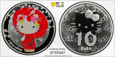2024 €10 Hello Kitty 50th Ann. Ag Japan Colorized PR70DCAM