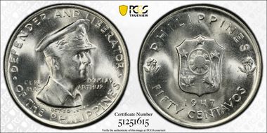 1947-S 50C Douglas MacArthur KM-184  Ag MS65