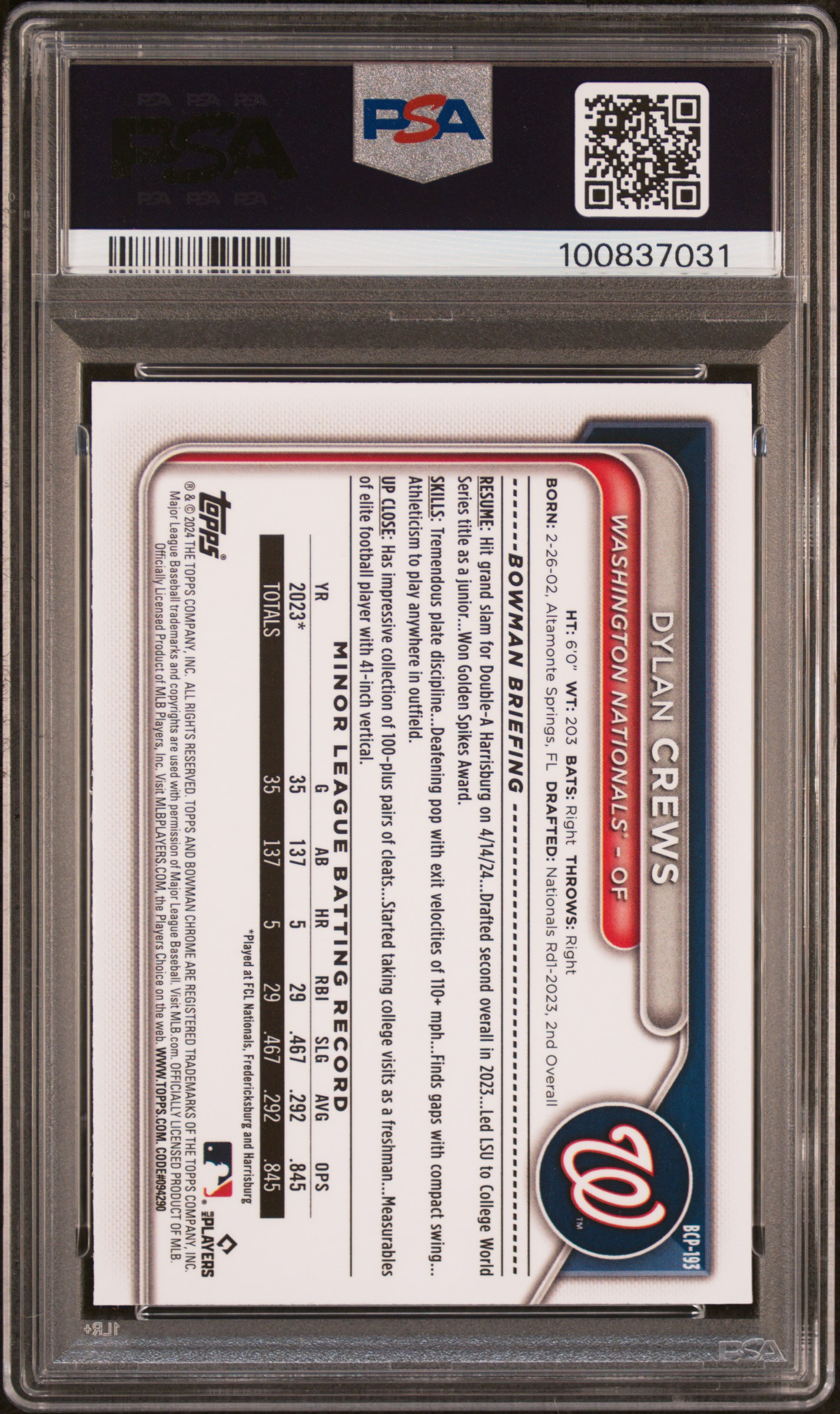 2024 Bowman Mega Box Chrome Prospects Dylan Crews #193 (Prospects) Mint 9 back