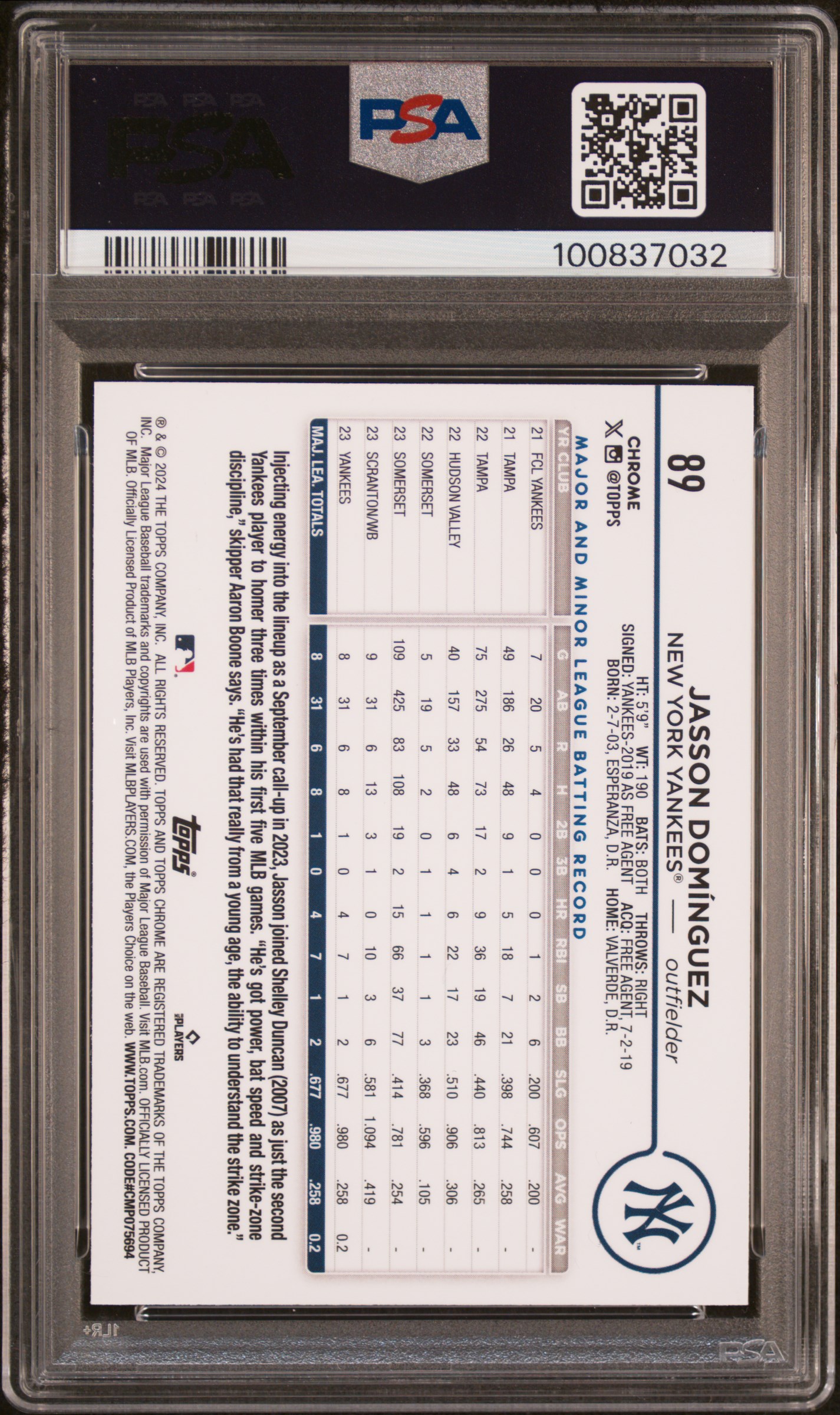 2024 Topps Chrome Jasson Dominguez #89 (Prism Refractor) Gem Mt 10 back