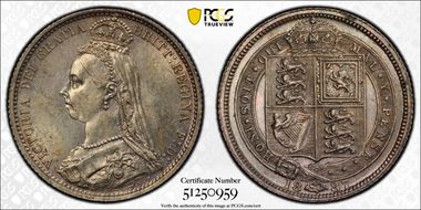 1887 6D S-3928 Shield Rev MS63