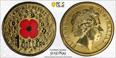 2015 $1 WWI War Heroes-Red Poppy Colorized MS67