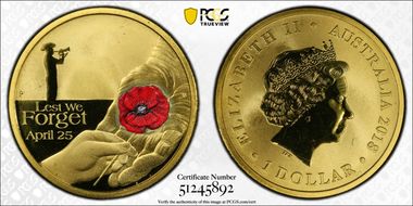 2018-P $1 Anzac - Lest We Forget Red Poppy Colorized MS67
