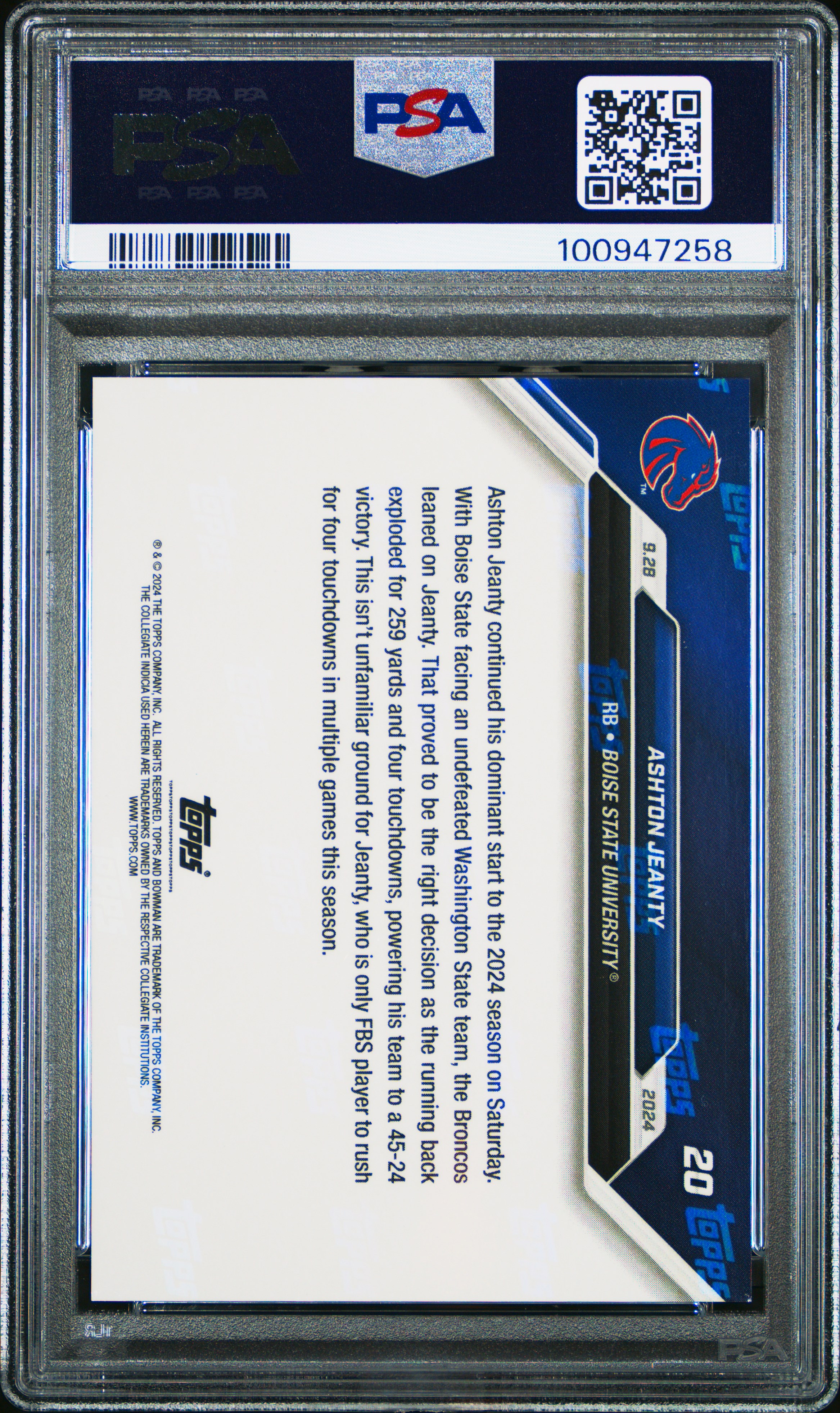 2024 Bowman U Now Ashton Jeanty #20 Gem Mt 10 back