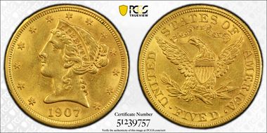 1907 $5 MS62