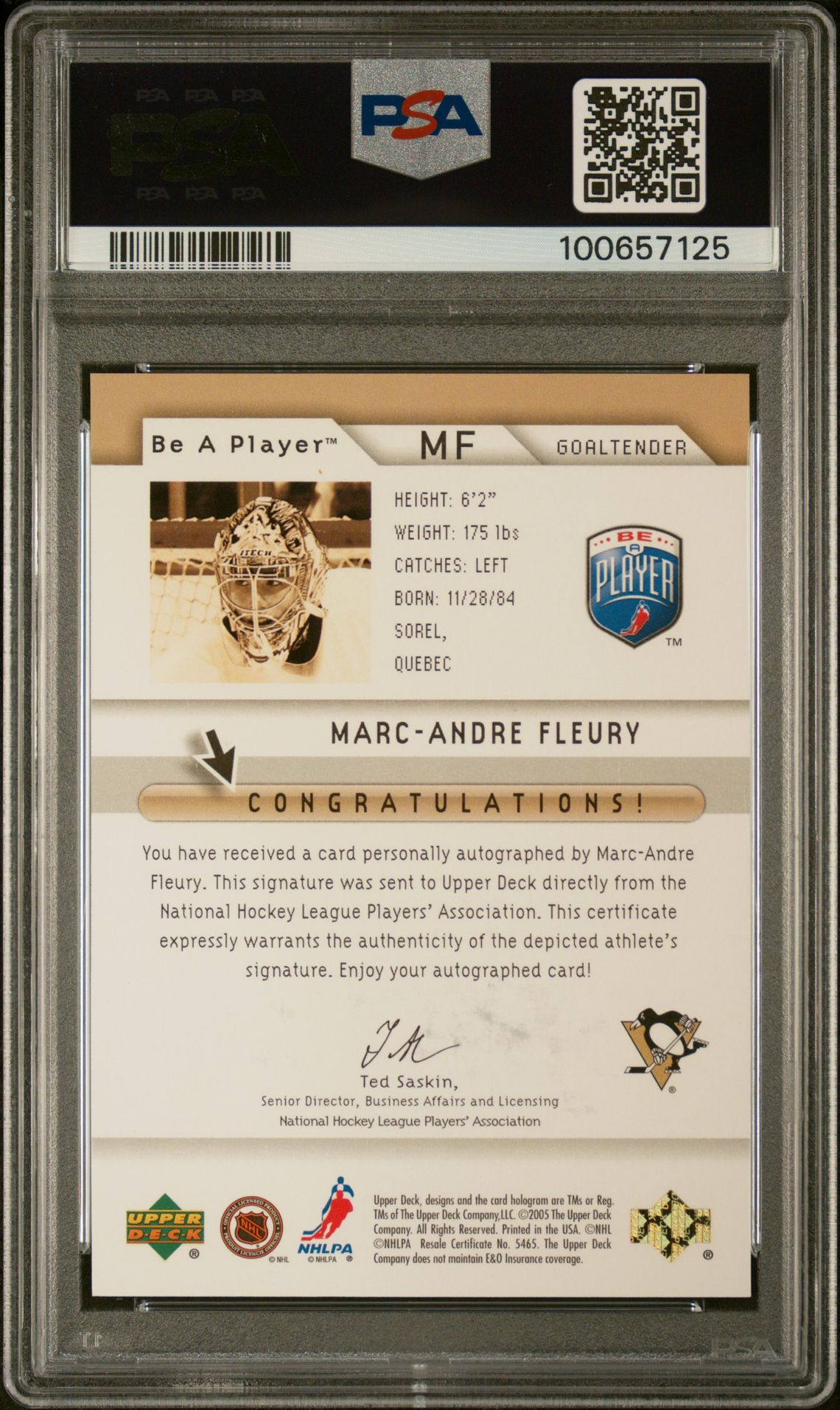 2005 Upper Deck Be A Player Sp Signatures Marc-Andre Fleury #Mf (Sp Signature) Mint 9 back