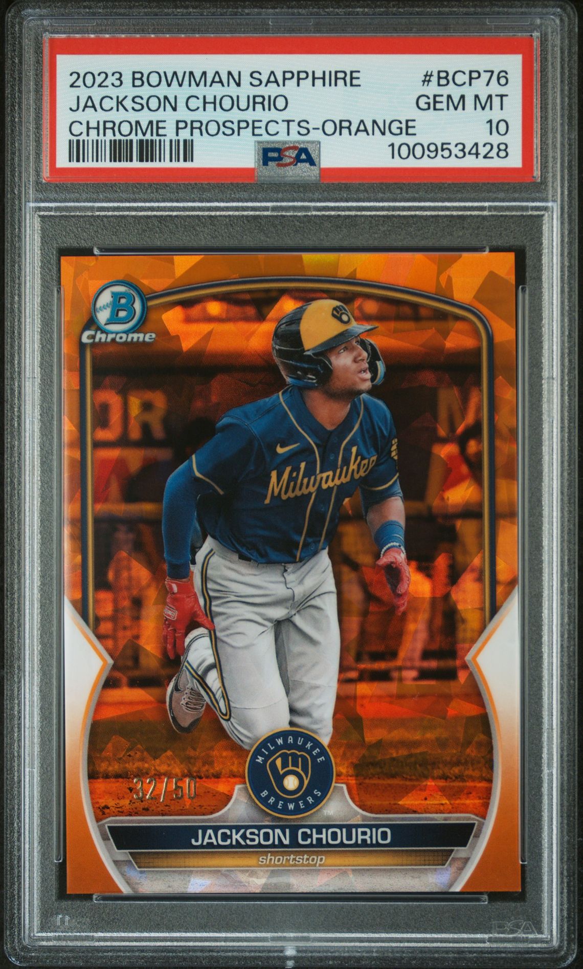 2023 Bowman BOWMAN SAPPHIRE EDITION CHROME PROSPECTS ORANGE #BCP76 Jackson Chourio front