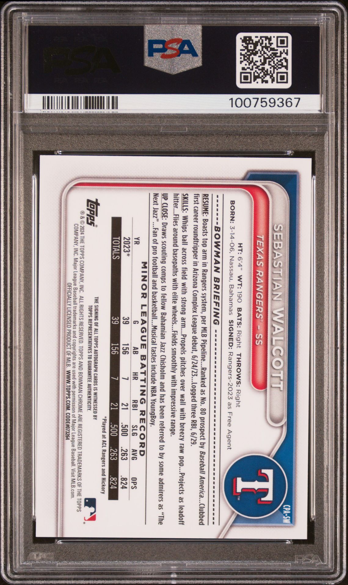 2024 Bowman Chrome Prospect Autographs Sebastian Walcott #Cpasw (Chr Prspct Au-Hta Choice Ref) Gem Mt 10 back