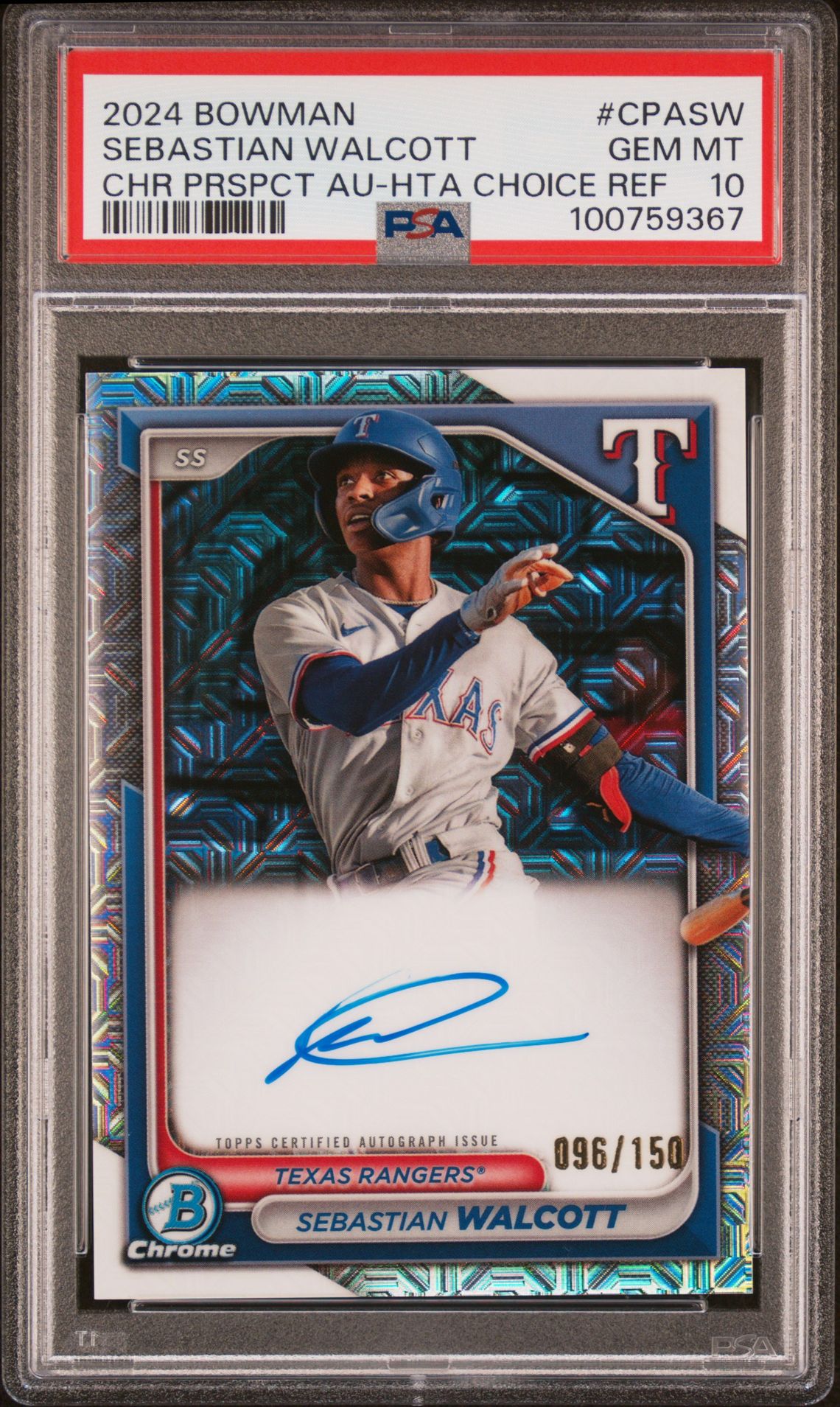 2024 Bowman Chrome Prospect Autographs Sebastian Walcott #Cpasw (Chr Prspct Au-Hta Choice Ref) Gem Mt 10 front