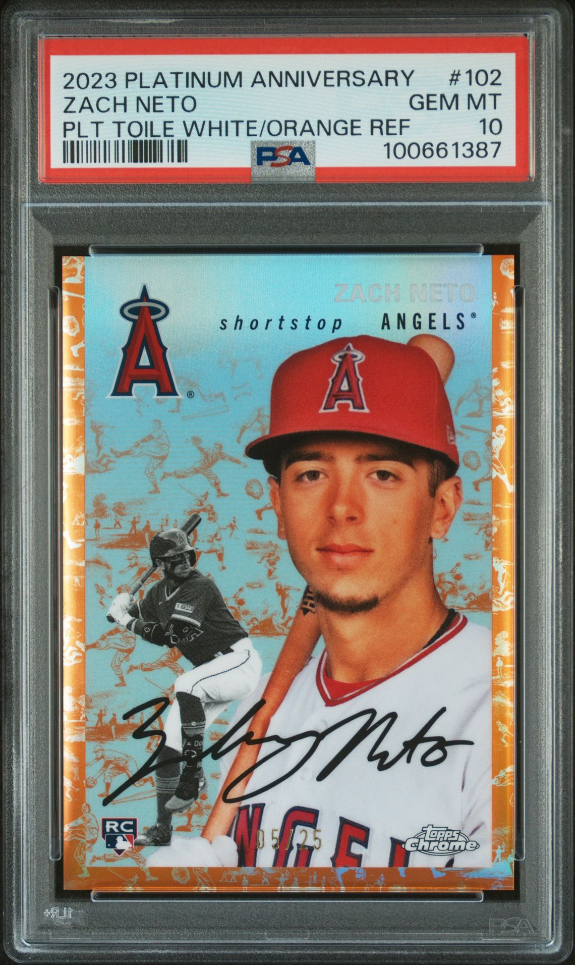 2023 Topps Chrome TOPPS CHROME PLATINUM ANNIVERSARY PLT TOILE WHITE/ORANGE REF #102 Zach Neto front