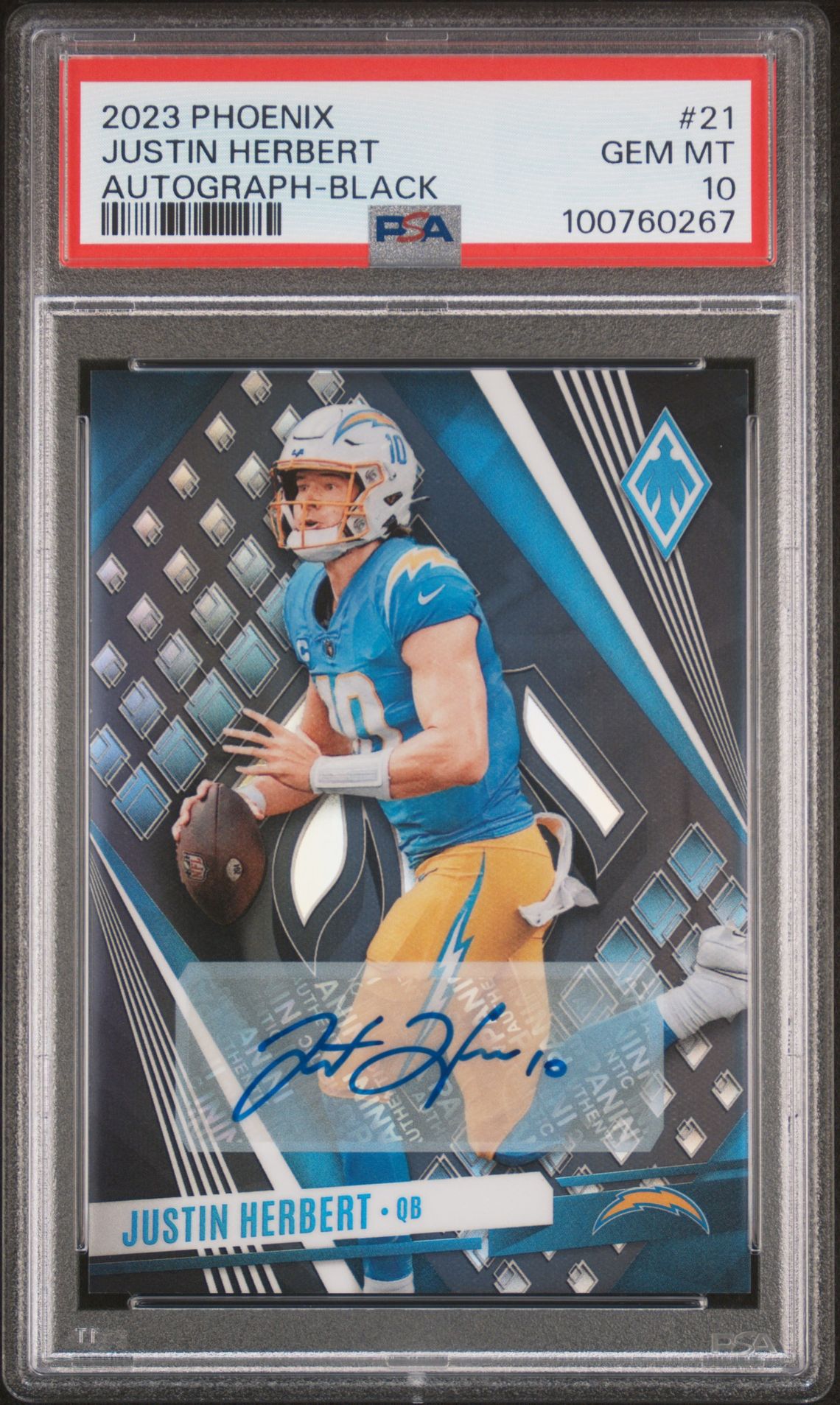2023 Panini Phoenix Justin Herbert #21 (Autograph-Black) Gem Mt 10 front view - PSA graded GEM MT 10