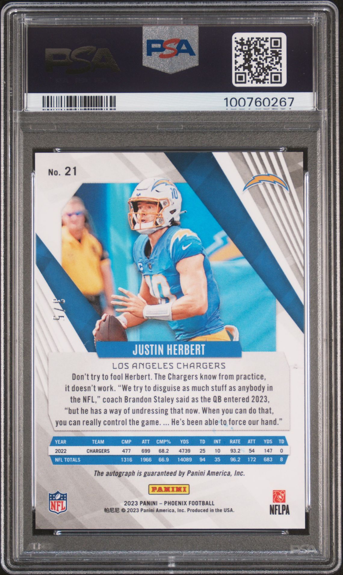 2023 Panini Phoenix Justin Herbert #21 (Autograph-Black) Gem Mt 10 back view - PSA certificate #100760267